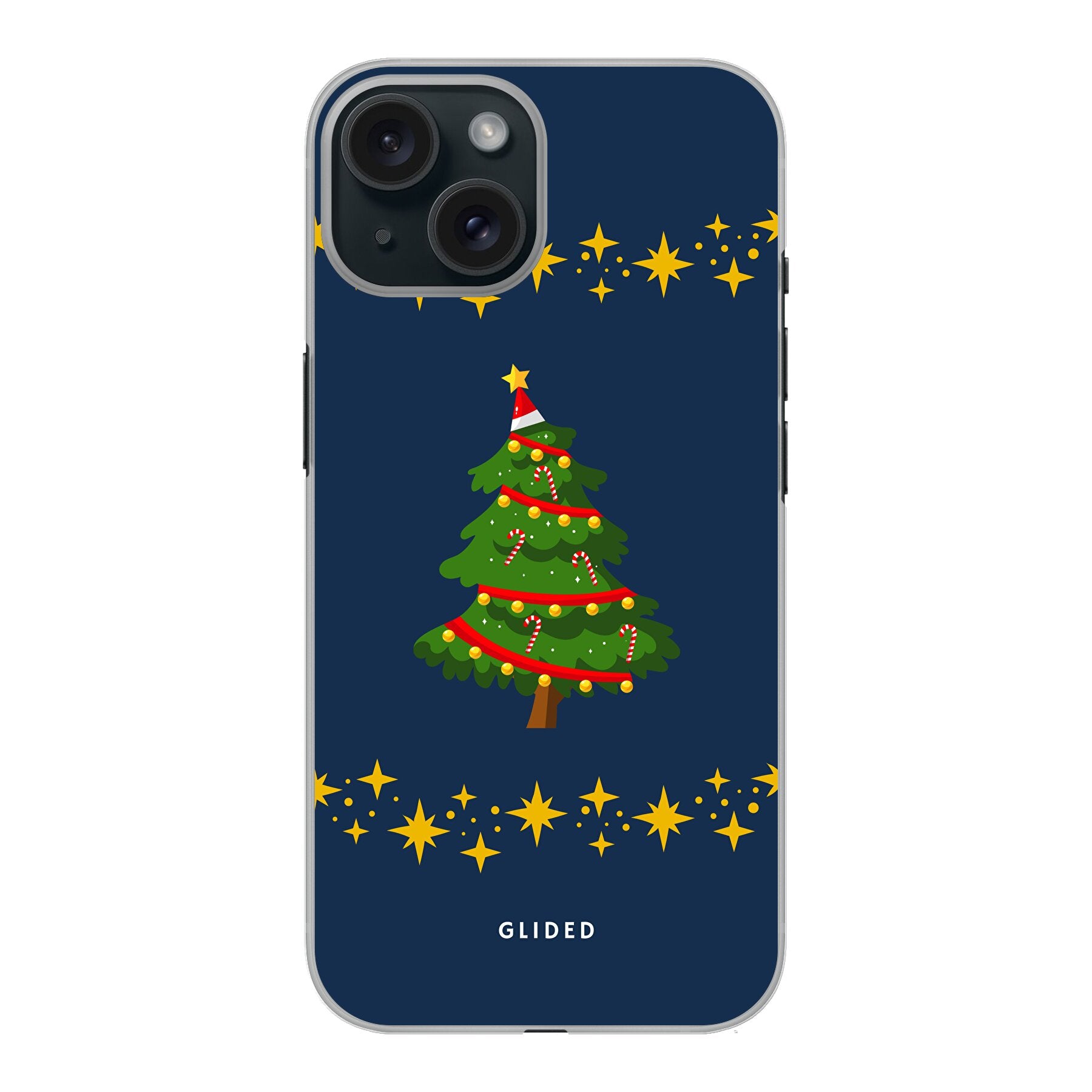 Weihnachtsbaum iPhone 15 Handyhülle mit glitzerndem Schnee und festlichem Design, ideal für die Winterzeit.