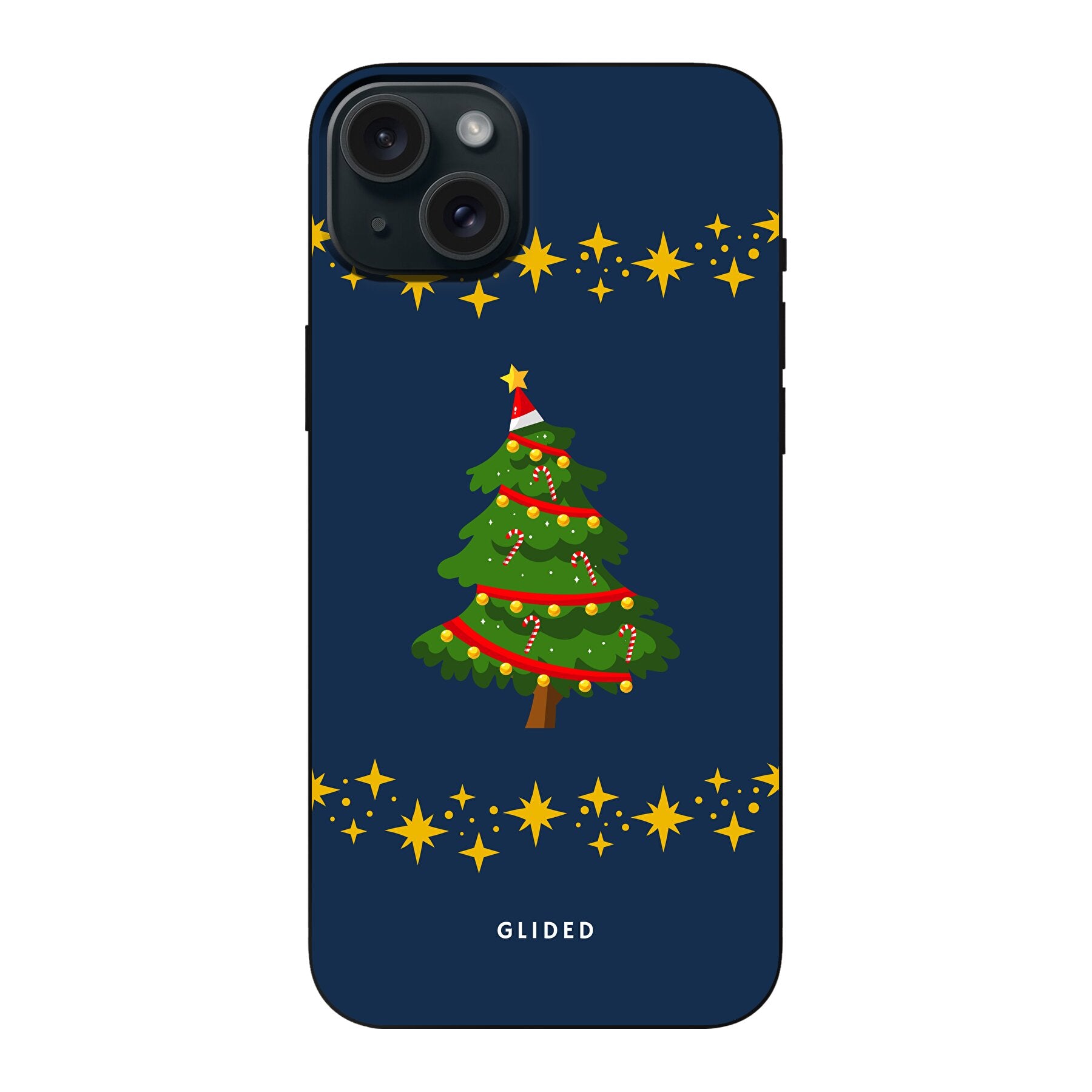 Weihnachtsbaum iPhone 15 Plus Handyhülle mit glitzerndem Schnee, stilvoll und schützend.