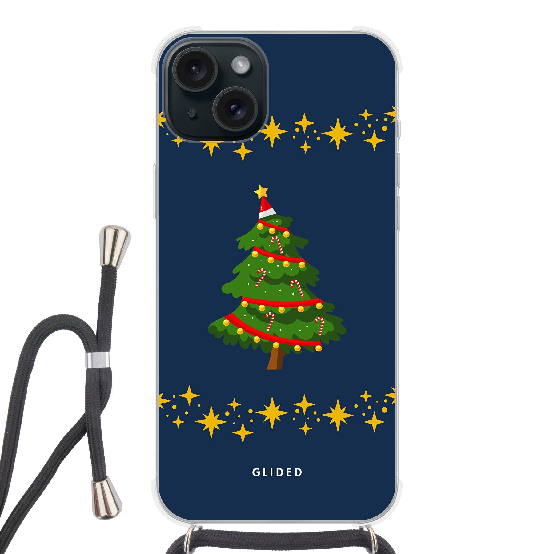 Weihnachtsbaum iPhone 15 Plus Handyhülle mit glitzerndem Schnee, stilvoll und schützend.