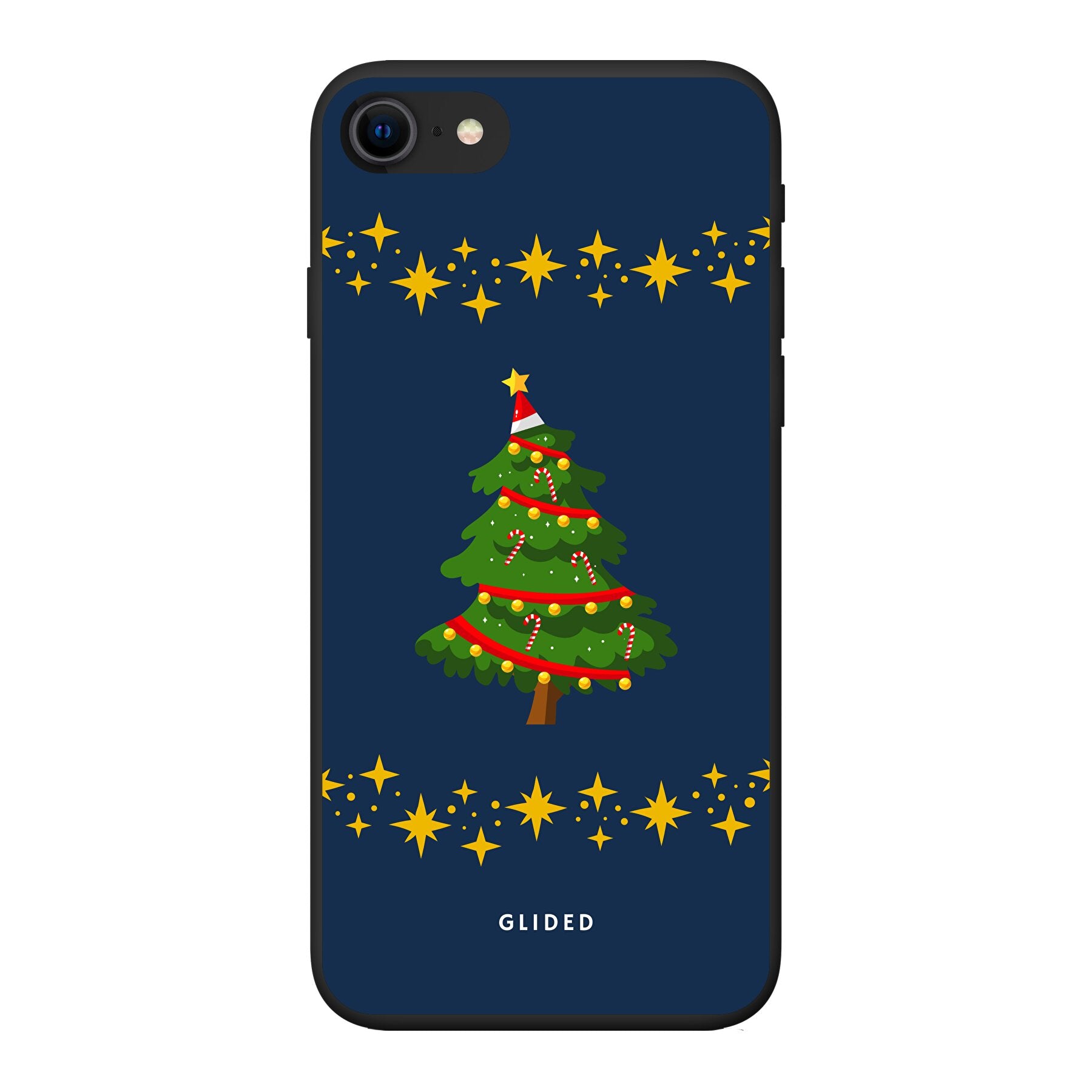 Festliche Weihnachtsbaum iPhone SE 2022 Handyhülle aus der Glided Christmas Collection mit glitzerndem Schnee-Design.