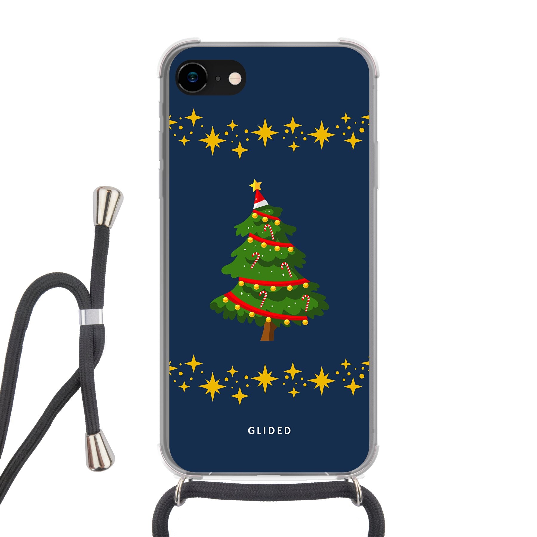 Festliche Weihnachtsbaum iPhone SE 2022 Handyhülle aus der Glided Christmas Collection mit glitzerndem Schnee-Design.