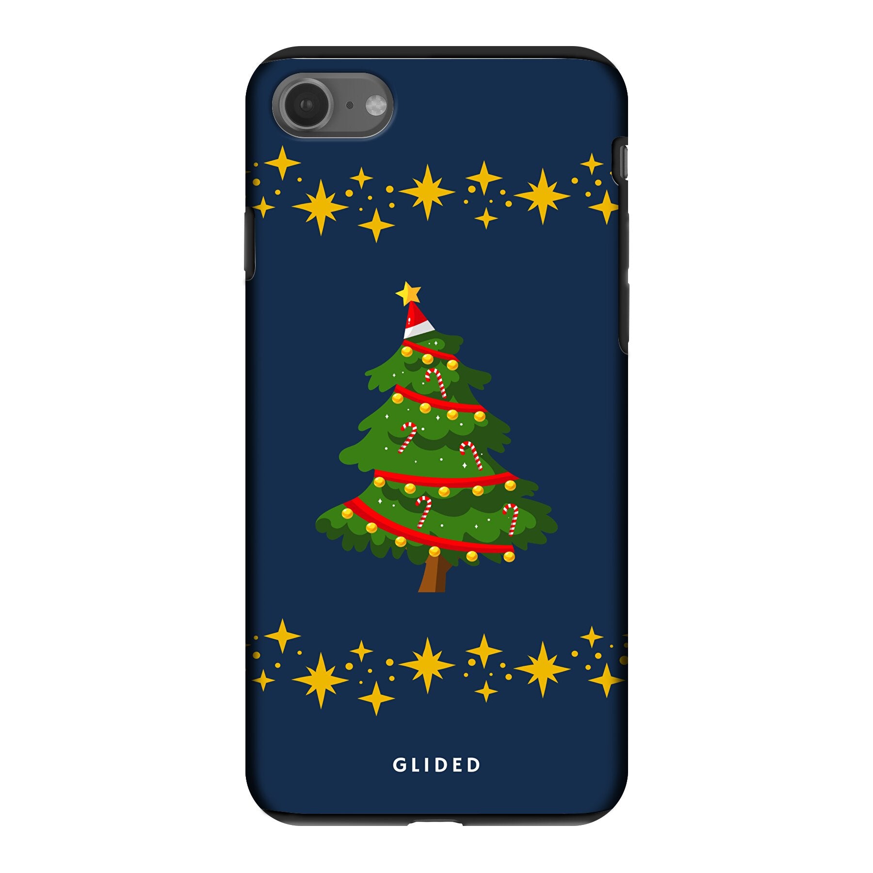 Festliche Weihnachtsbaum iPhone SE 2022 Handyhülle aus der Glided Christmas Collection mit glitzerndem Schnee-Design.