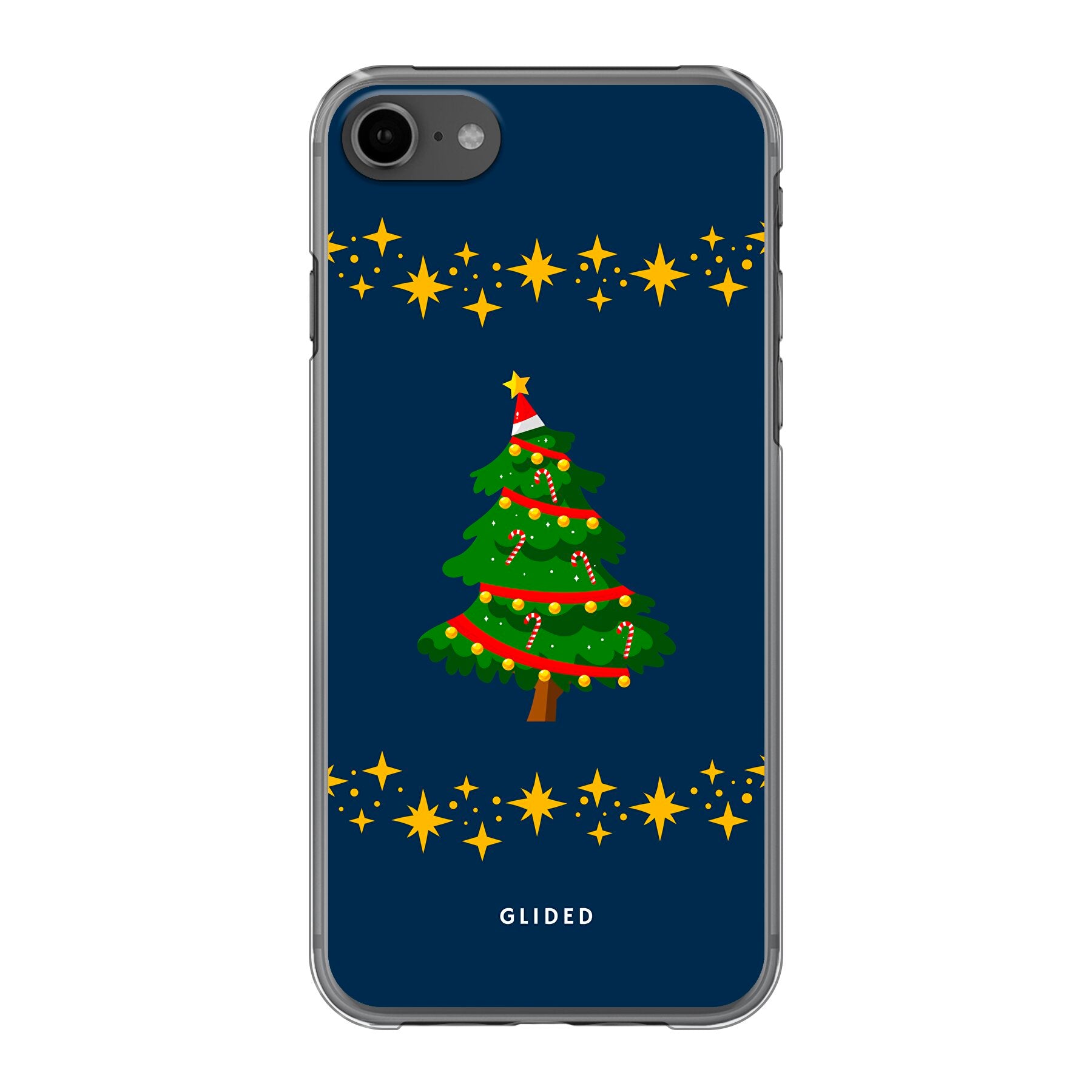 Festliche Weihnachtsbaum iPhone SE 2022 Handyhülle aus der Glided Christmas Collection mit glitzerndem Schnee-Design.