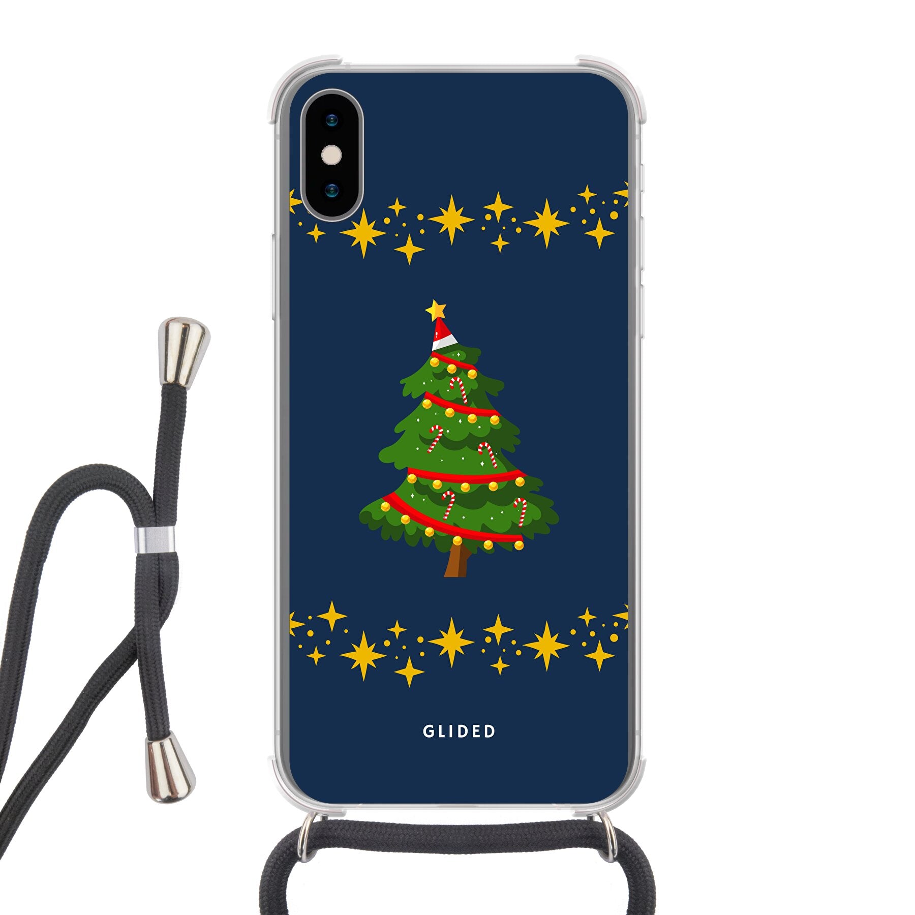 Weihnachtsbaum iPhone X/Xs Handyhülle mit glitzerndem Schnee und festlichem Design.