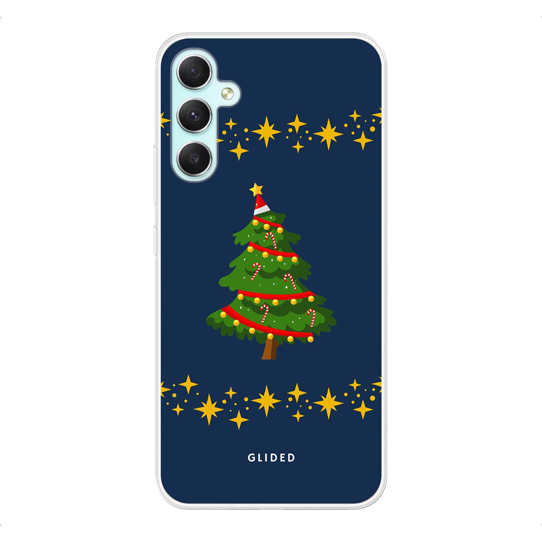 Festliche Weihnachtsbaum Samsung Galaxy A34 Handyhülle mit glitzerndem Schnee, ideal für den Winter.