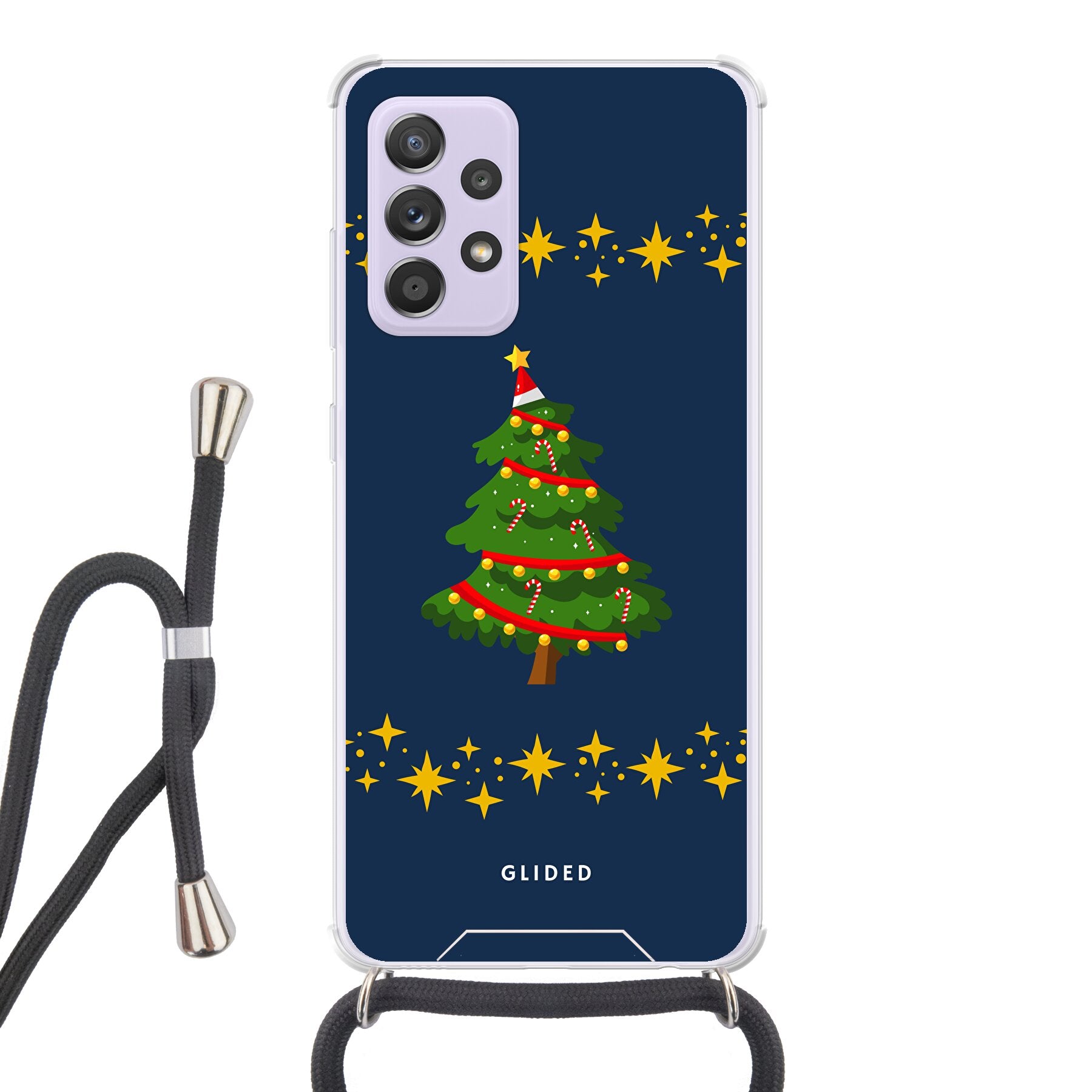 Weihnachtsbaum Handyhülle für Samsung Galaxy A52/A52 5G/A52s 5G mit glitzerndem Schnee und festlichem Design.