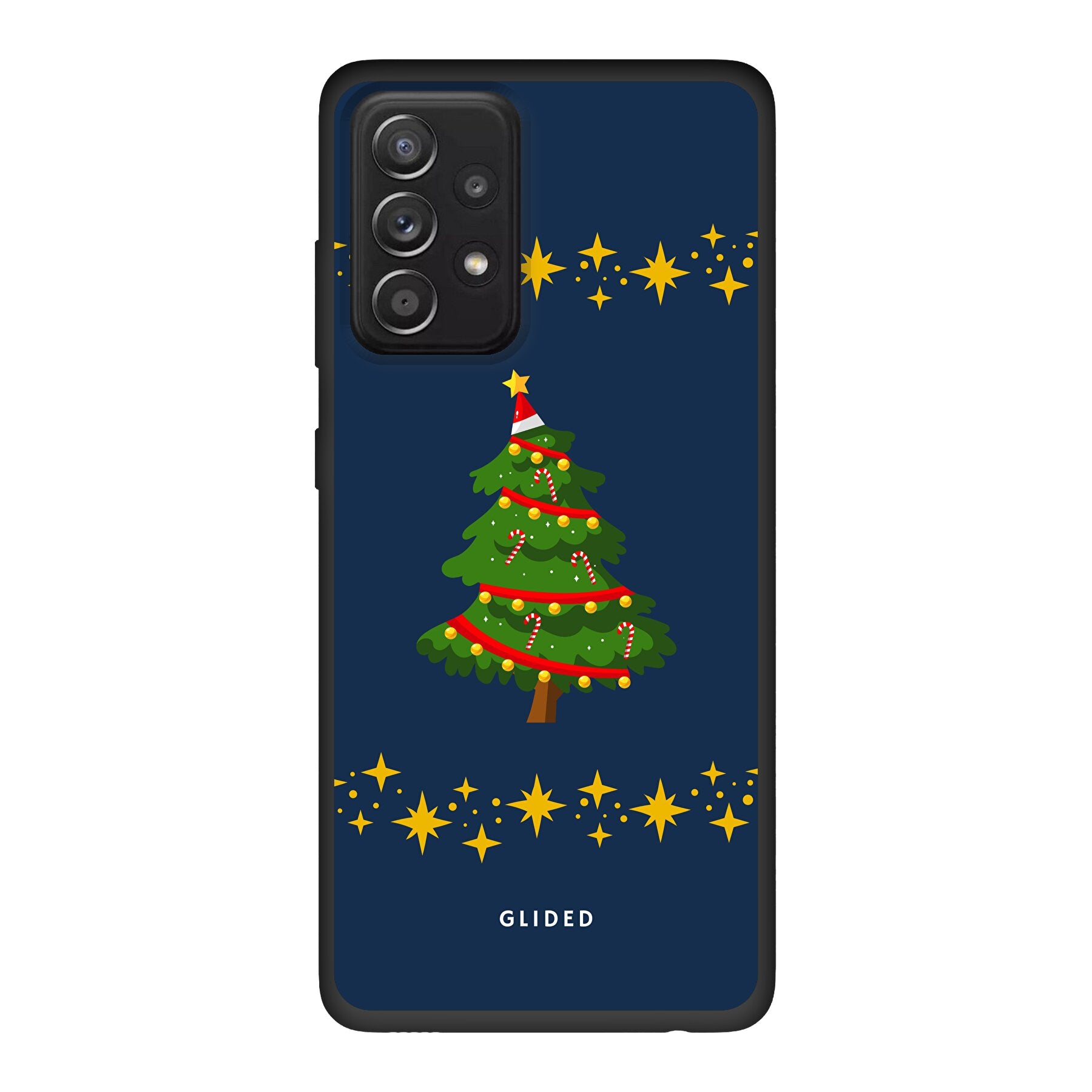 Weihnachtsbaum Handyhülle für Samsung Galaxy A52/A52 5G/A52s 5G mit glitzerndem Schnee und festlichem Design.