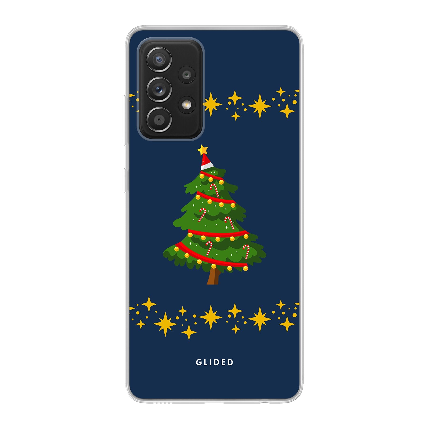 Weihnachtsbaum Handyhülle für Samsung Galaxy A52/A52 5G/A52s 5G mit glitzerndem Schnee und festlichem Design.