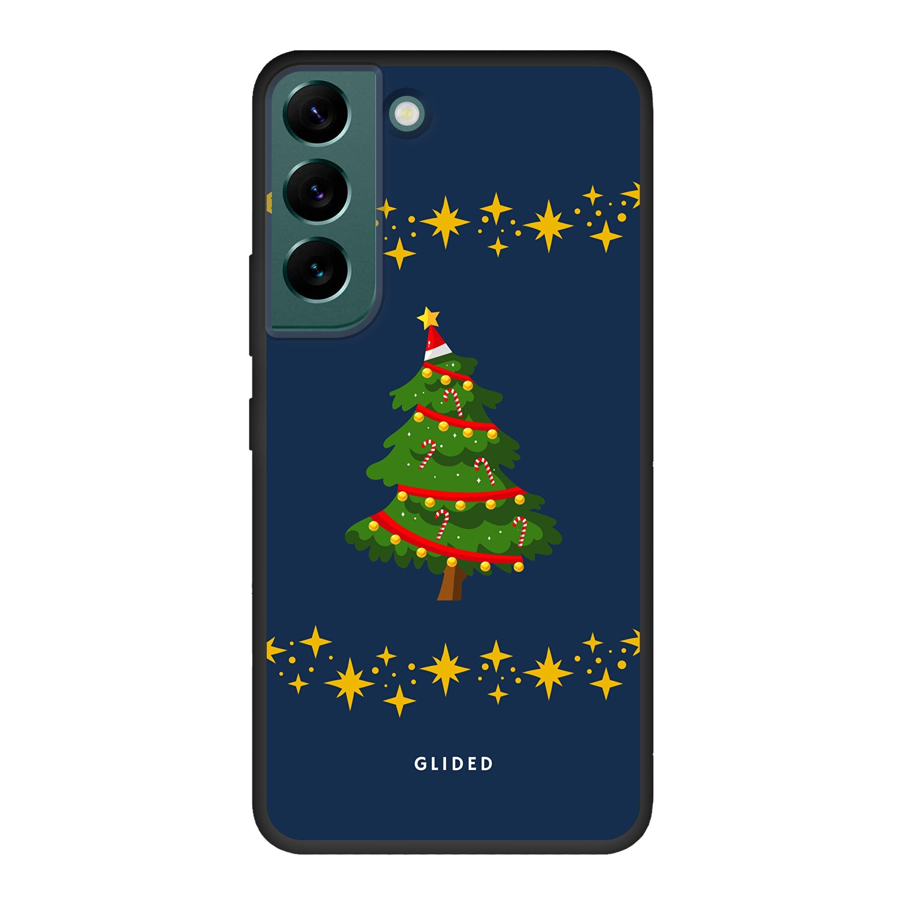 Festliche Weihnachtsbaum Samsung Galaxy S22 Handyhülle mit glitzerndem Schnee und rutschfesten Elementen für sicheren Halt.