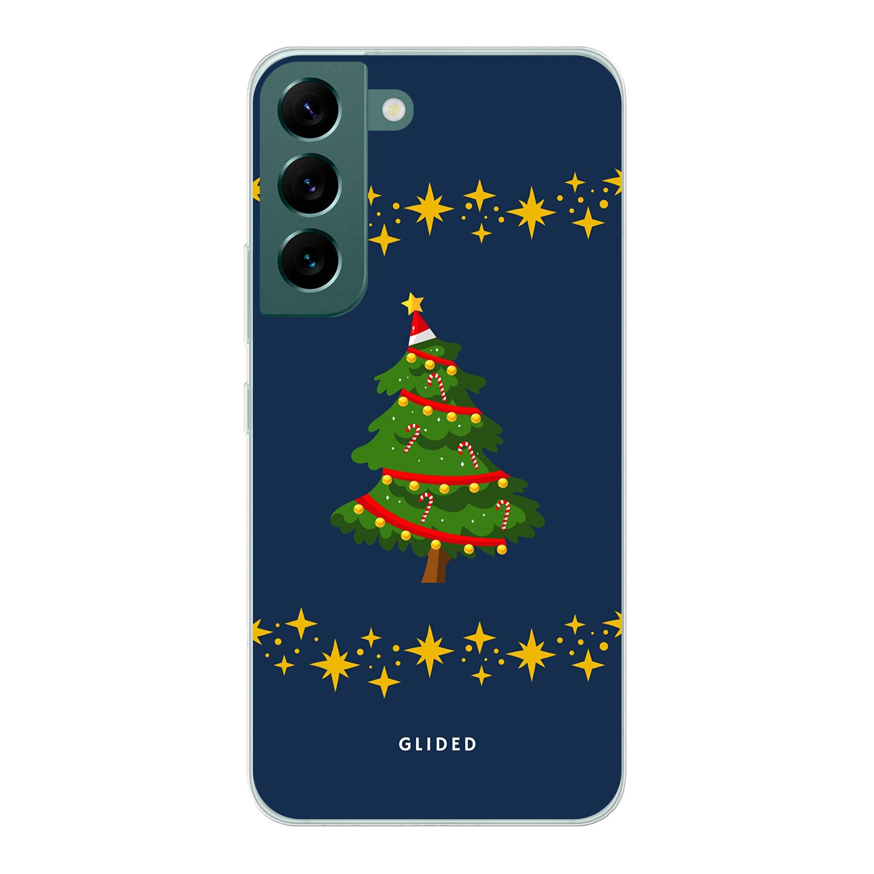 Festliche Weihnachtsbaum Samsung Galaxy S22 Handyhülle mit glitzerndem Schnee und rutschfesten Elementen für sicheren Halt.