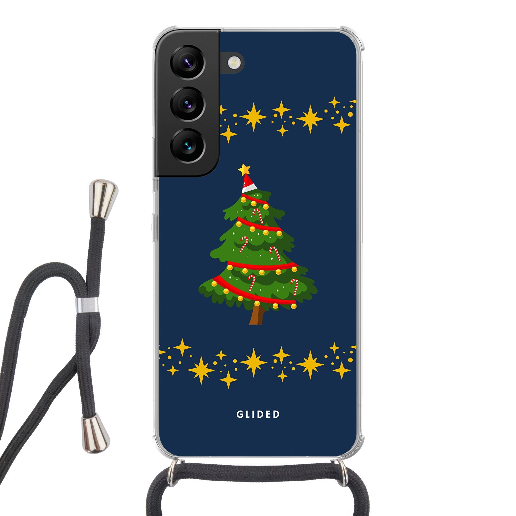 Festliche Weihnachtsbaum Samsung Galaxy S22 Handyhülle mit glitzerndem Schnee und rutschfesten Elementen für sicheren Halt.