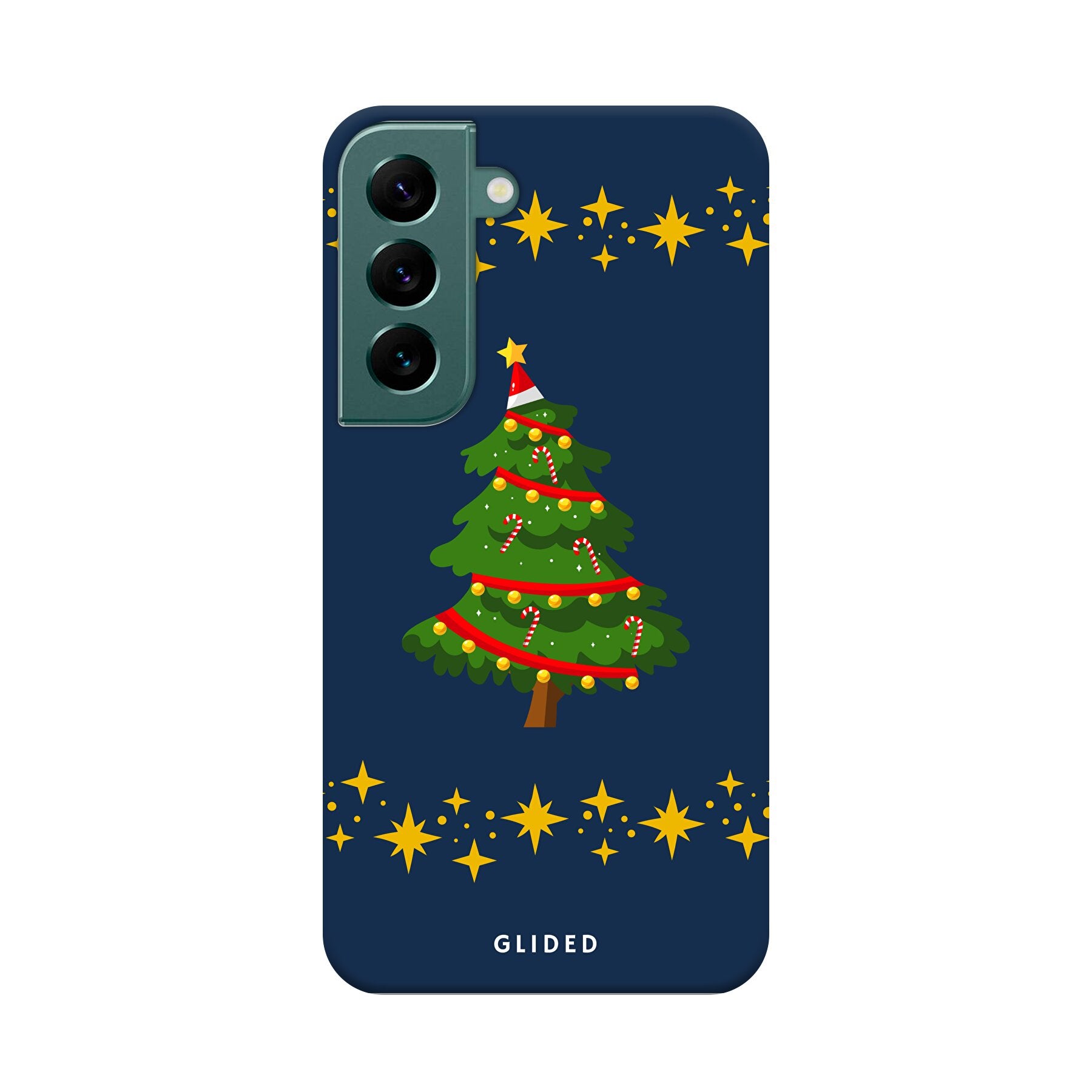 Festliche Weihnachtsbaum Samsung Galaxy S22 Handyhülle mit glitzerndem Schnee und rutschfesten Elementen für sicheren Halt.