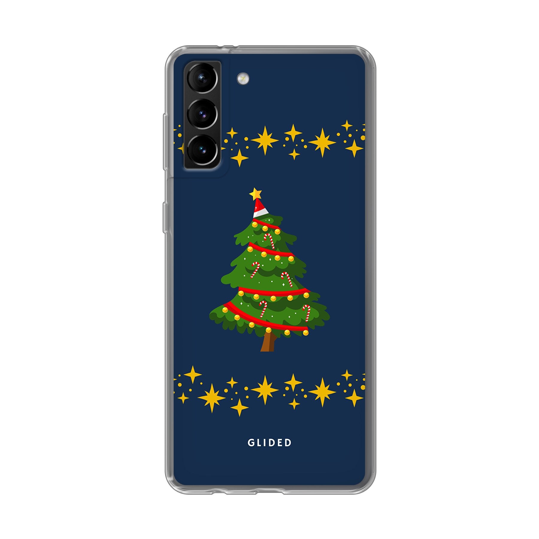 Weihnachtsbaum Samsung Galaxy S21 Plus 5G Handyhülle mit glitzerndem Schnee und festlichem Design.