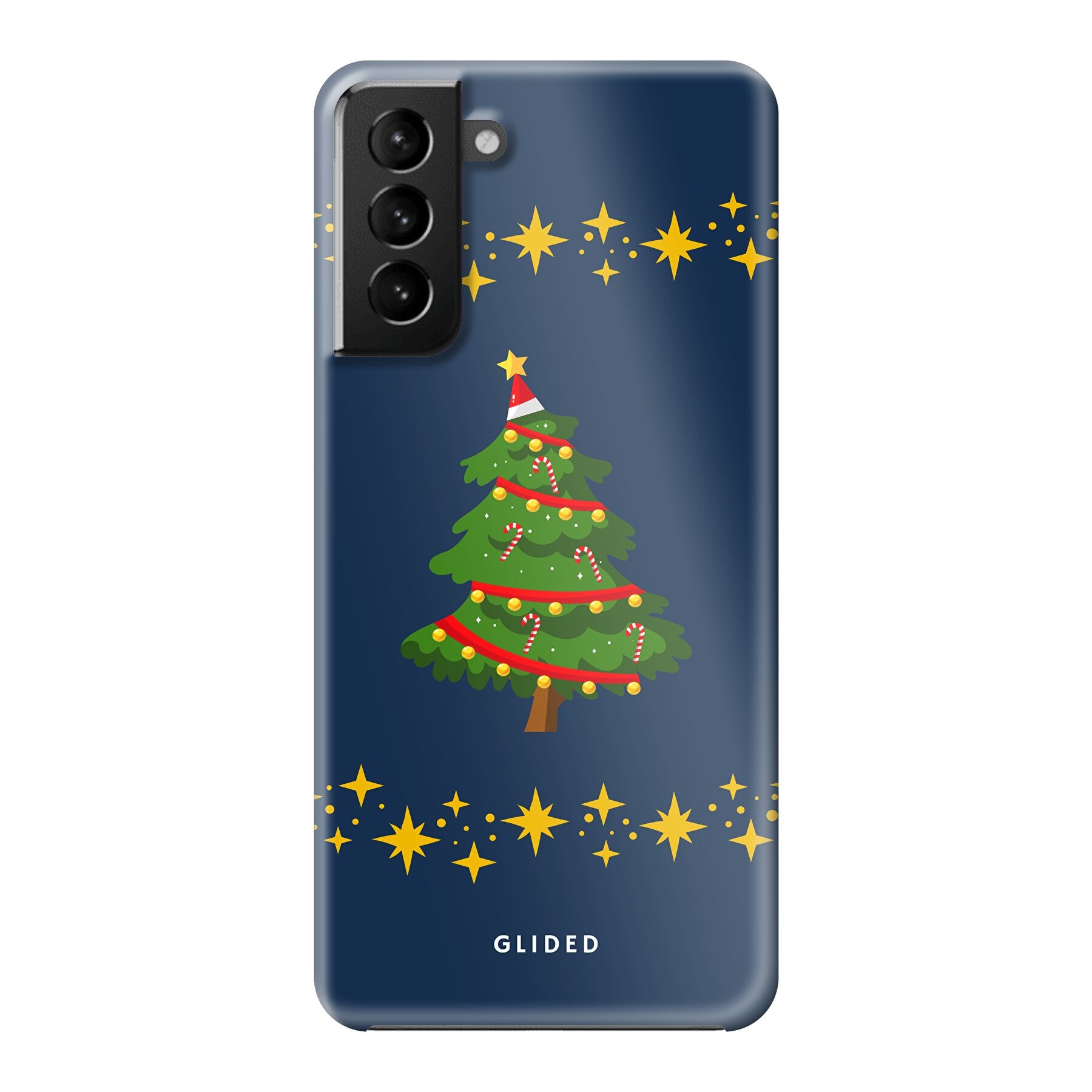 Weihnachtsbaum Samsung Galaxy S21 Plus 5G Handyhülle mit glitzerndem Schnee und festlichem Design.