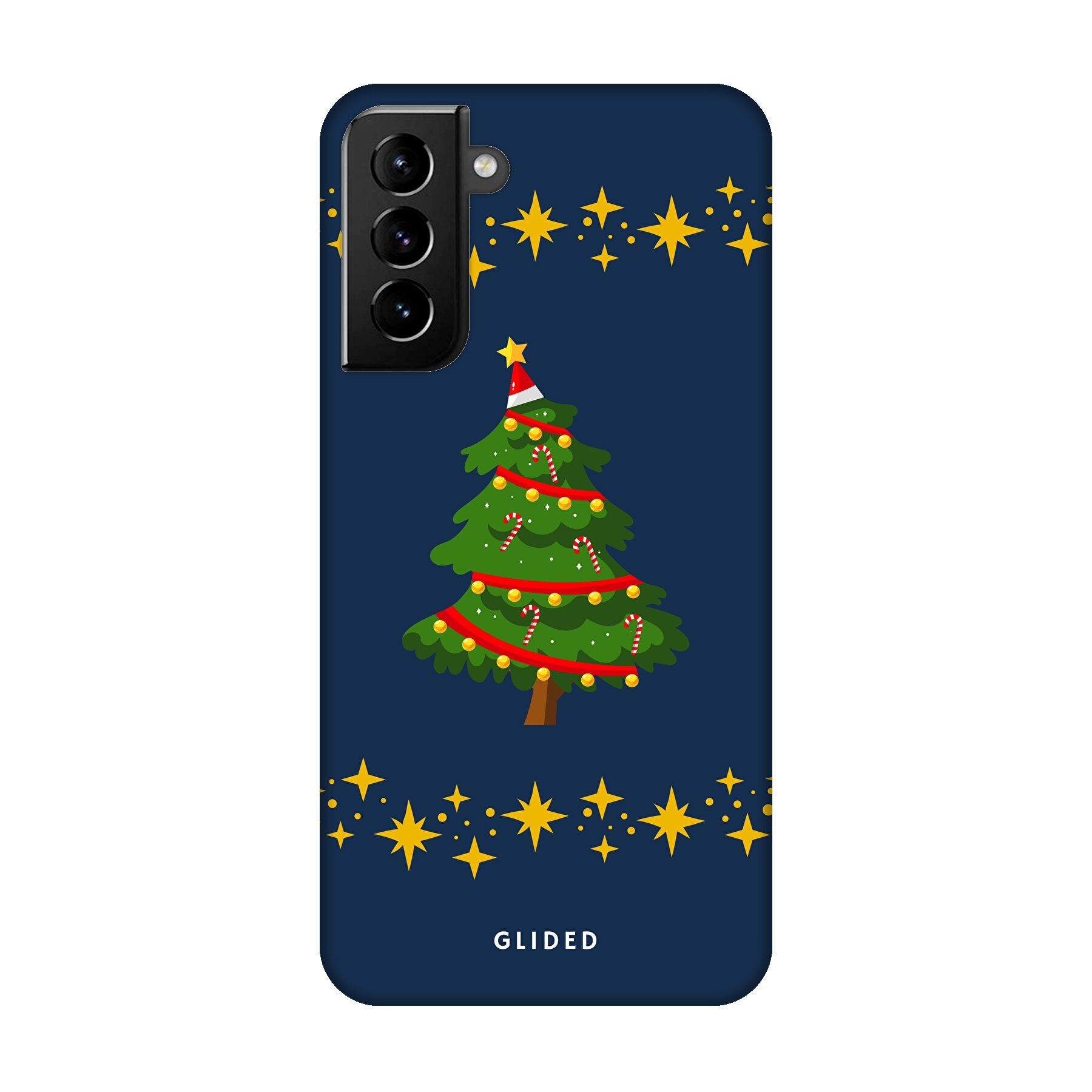 Weihnachtsbaum Samsung Galaxy S21 Plus 5G Handyhülle mit glitzerndem Schnee und festlichem Design.