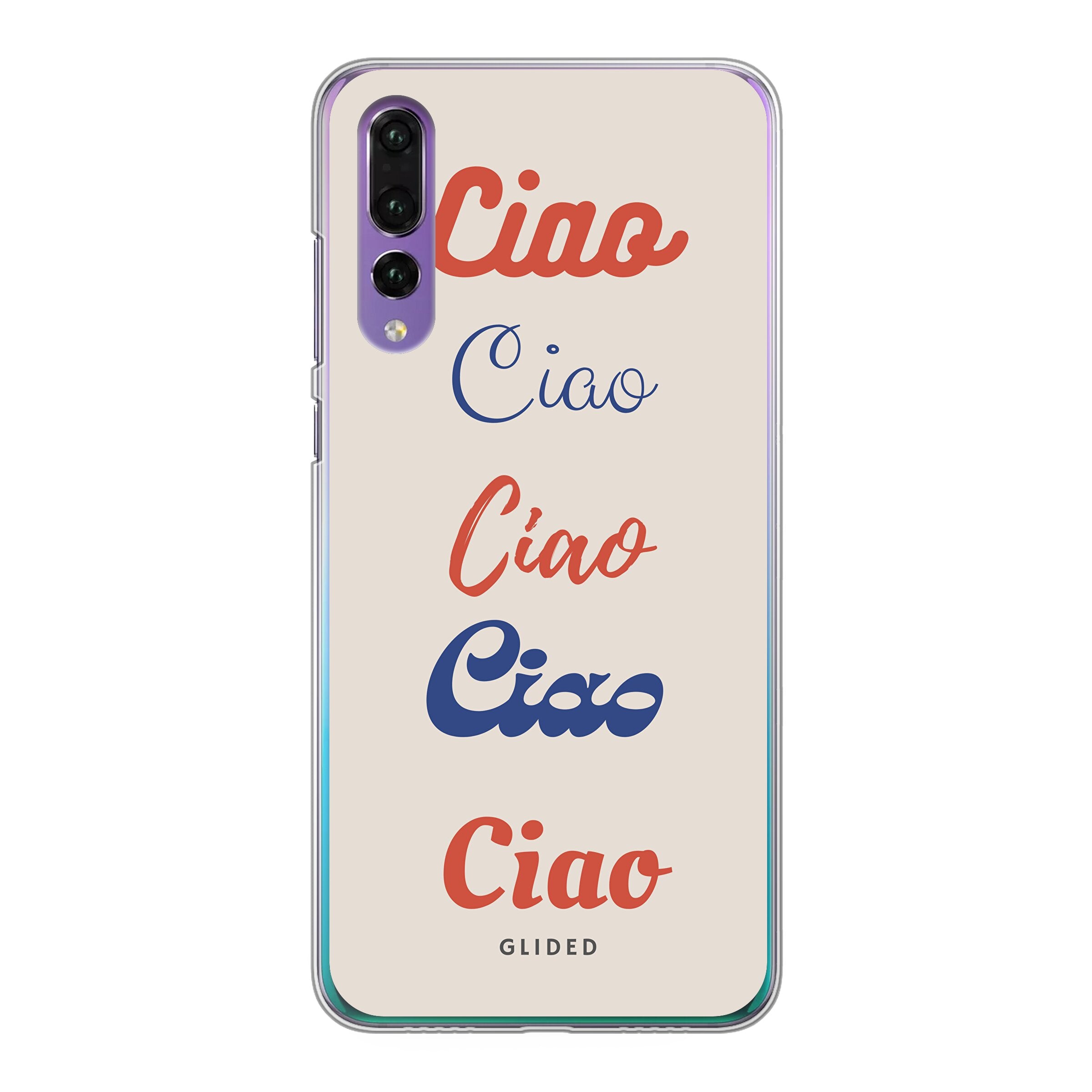 Ciao - Huawei P30 Handyhülle mit buntem Design und dem Wort 'Ciao' in verschiedenen Schriftarten.