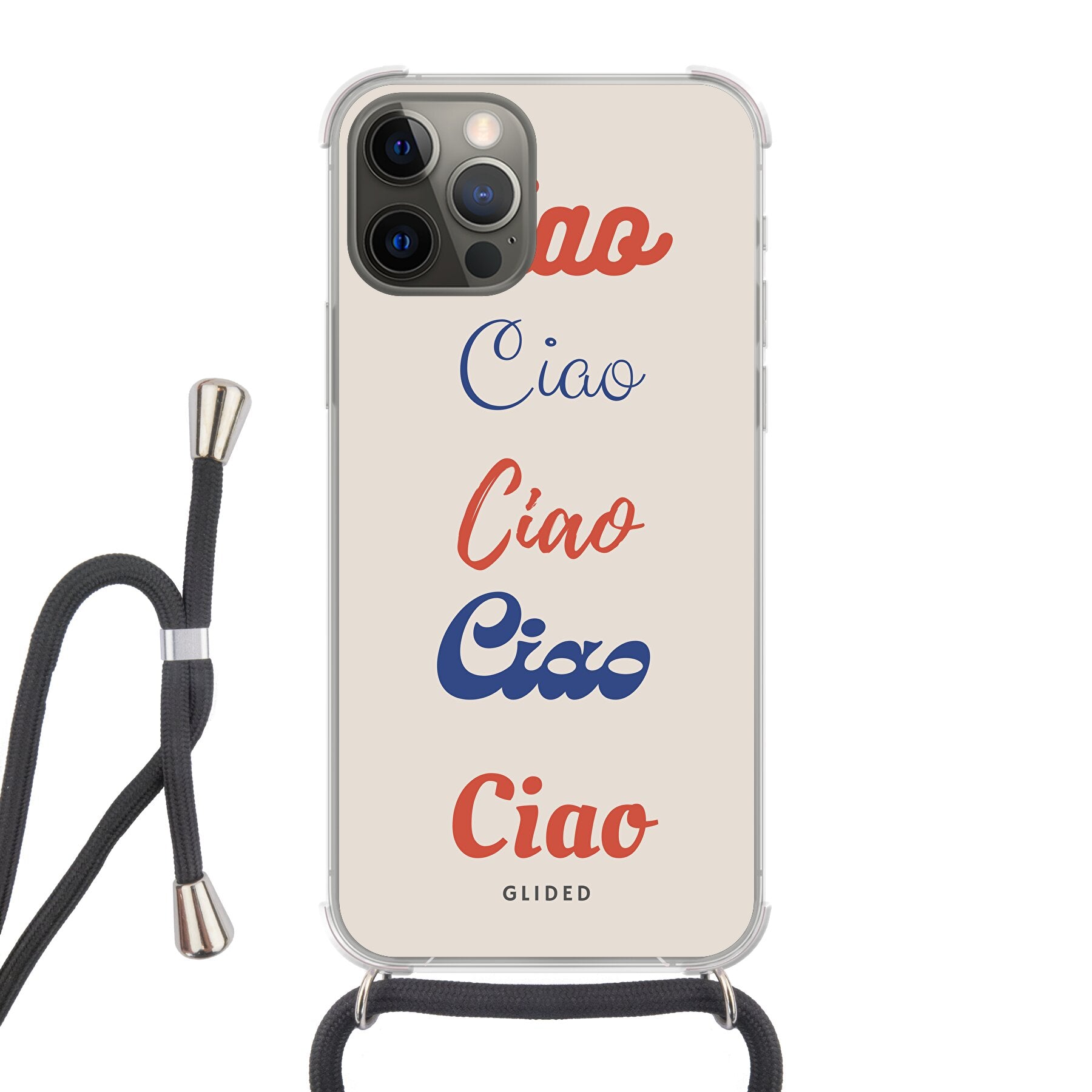 Ciao iPhone 12 Handyhülle mit buntem Design und dem Wort Ciao in verschiedenen Schriftarten.