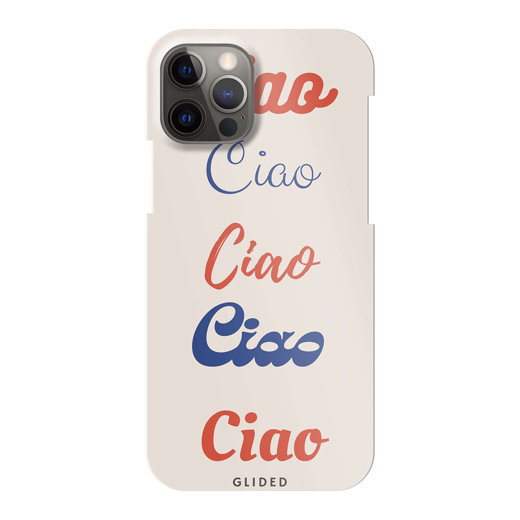 Ciao iPhone 12 Handyhülle mit buntem Design und dem Wort Ciao in verschiedenen Schriftarten.