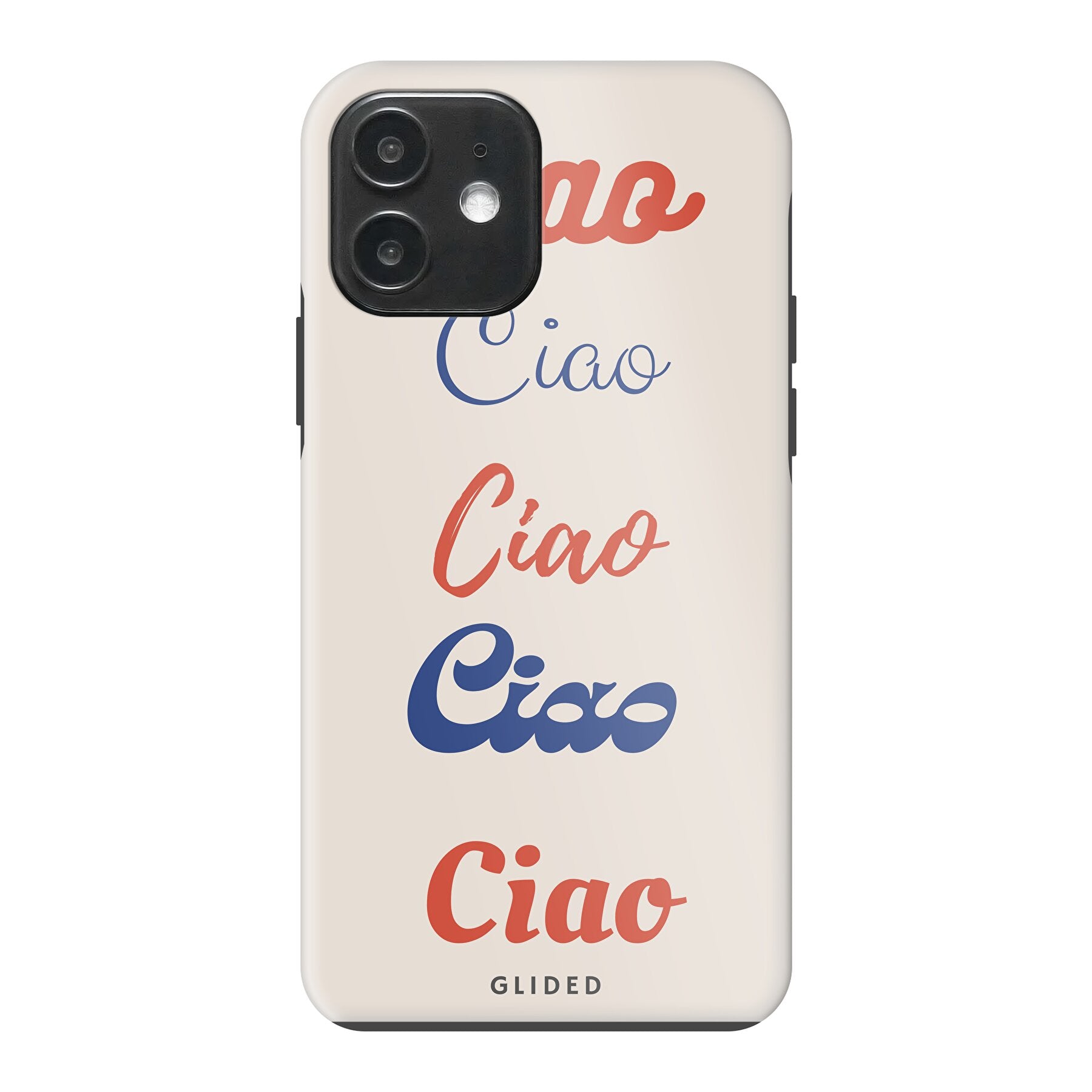 Ciao iPhone 12 Handyhülle mit buntem Design und dem Wort Ciao in verschiedenen Schriftarten.