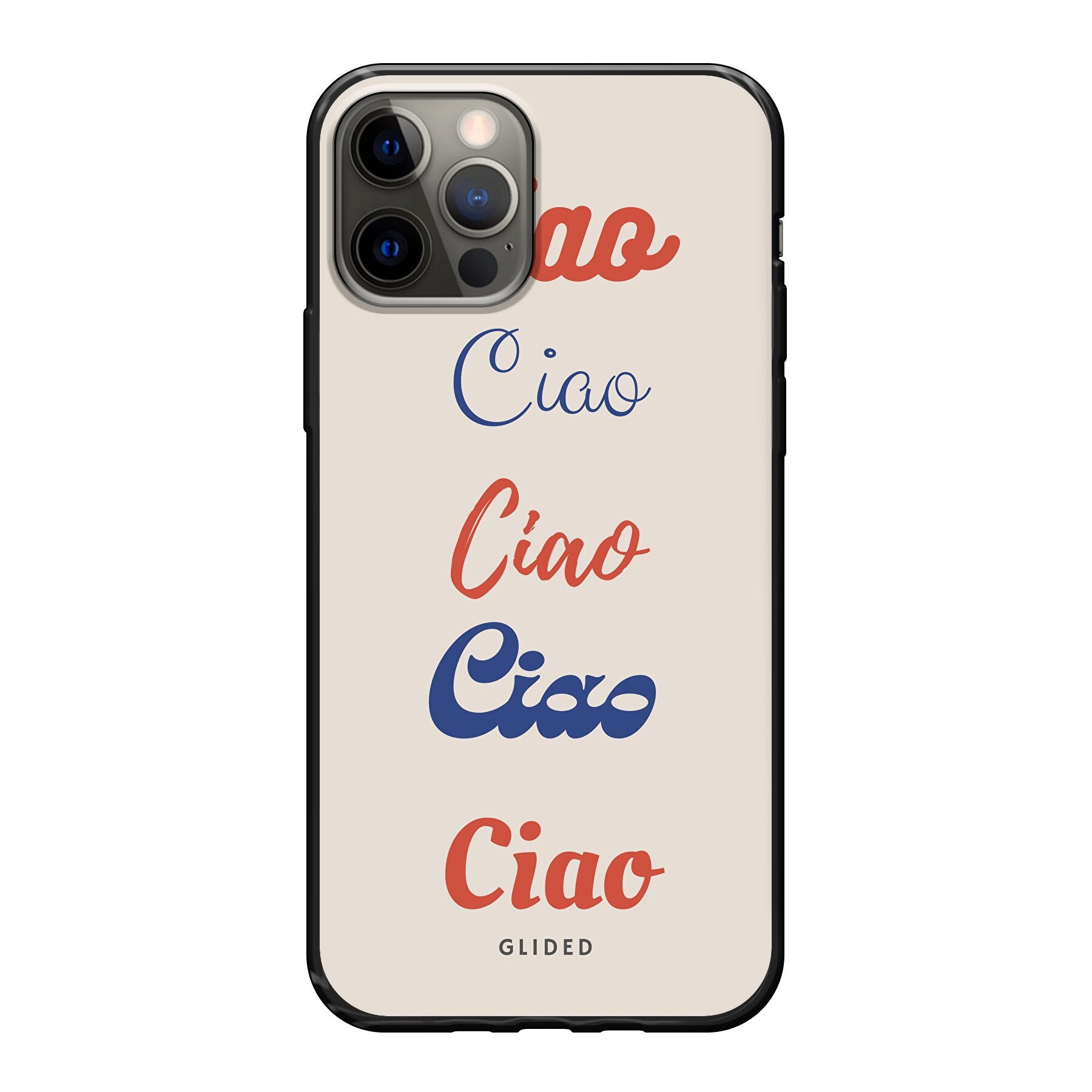 Ciao iPhone 12 Handyhülle mit buntem Design und dem Wort Ciao in verschiedenen Schriftarten.