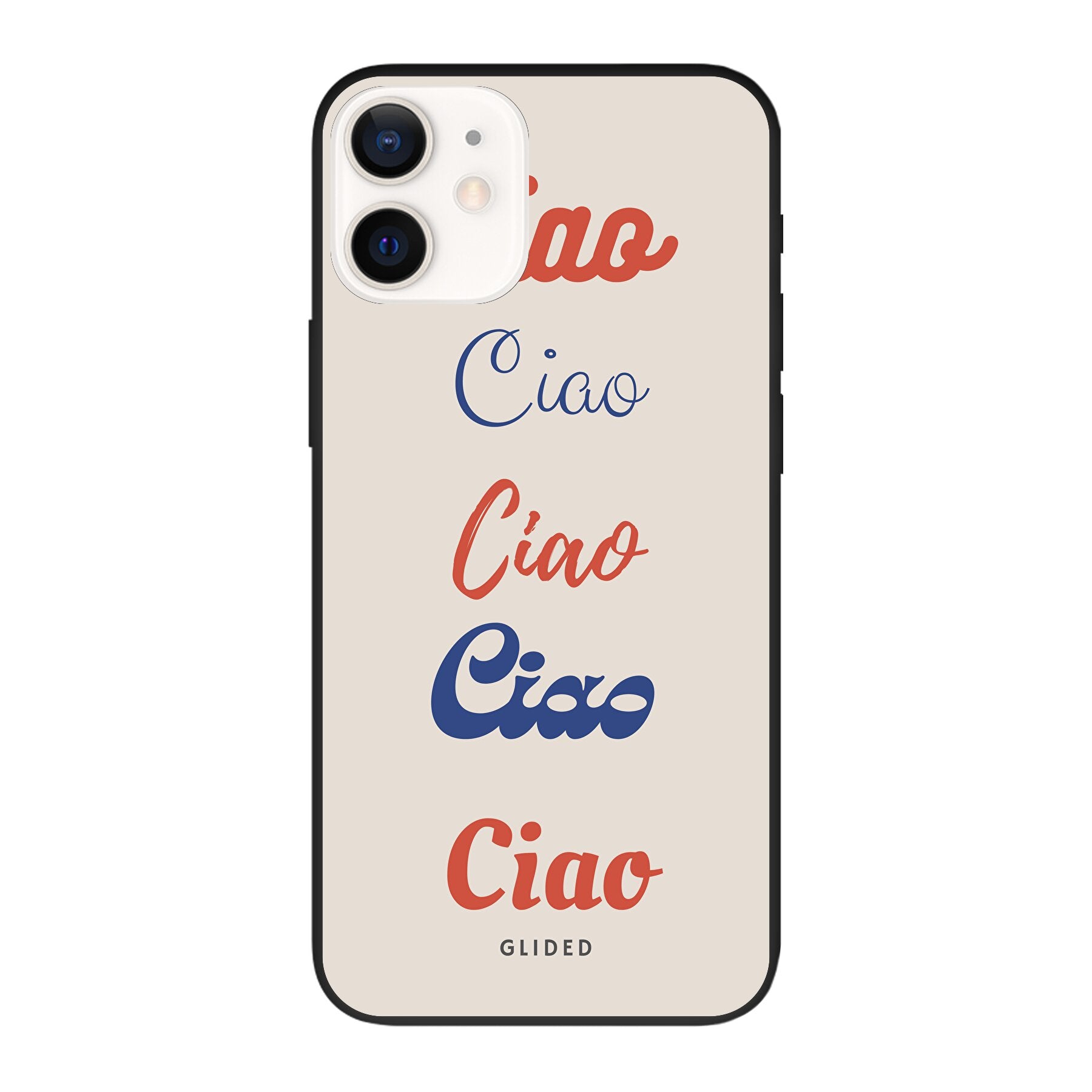 Ciao iPhone 12 Handyhülle mit buntem Design und dem Wort Ciao in verschiedenen Schriftarten.