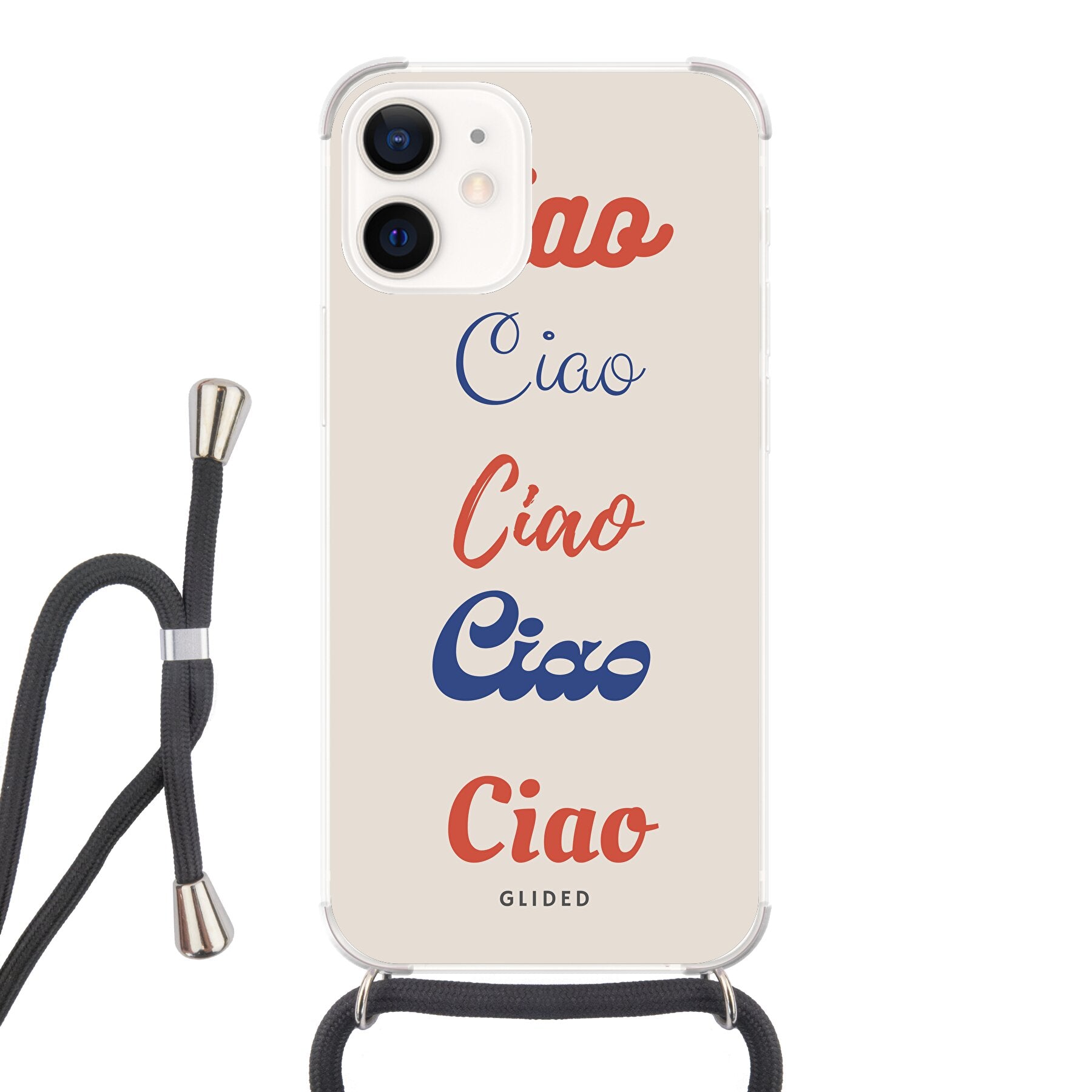 Ciao iPhone 12 mini Handyhülle mit buntem Design und dem Wort Ciao in verschiedenen Schriftarten.