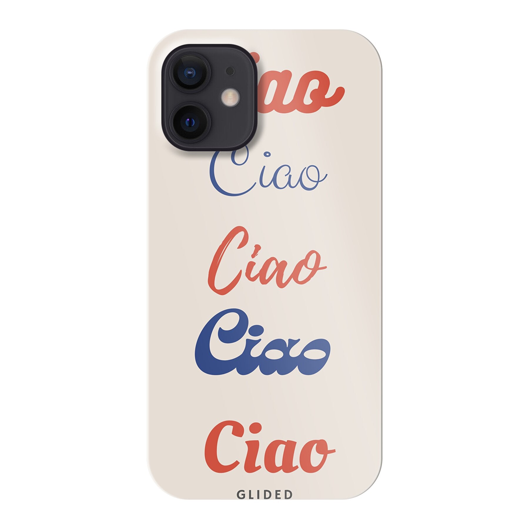 Ciao iPhone 12 mini Handyhülle mit buntem Design und dem Wort Ciao in verschiedenen Schriftarten.