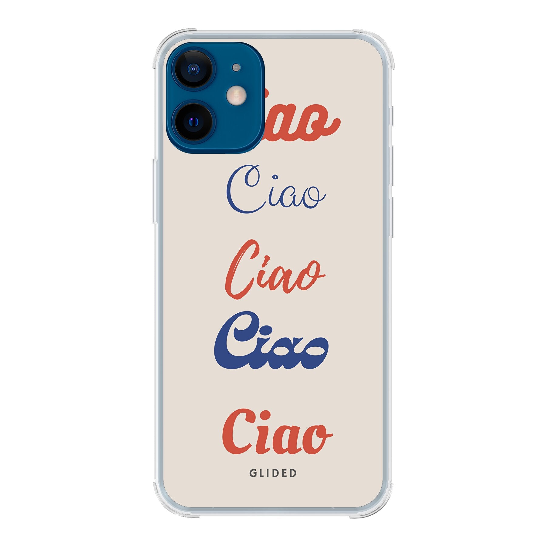 Ciao iPhone 12 mini Handyhülle mit buntem Design und dem Wort Ciao in verschiedenen Schriftarten.