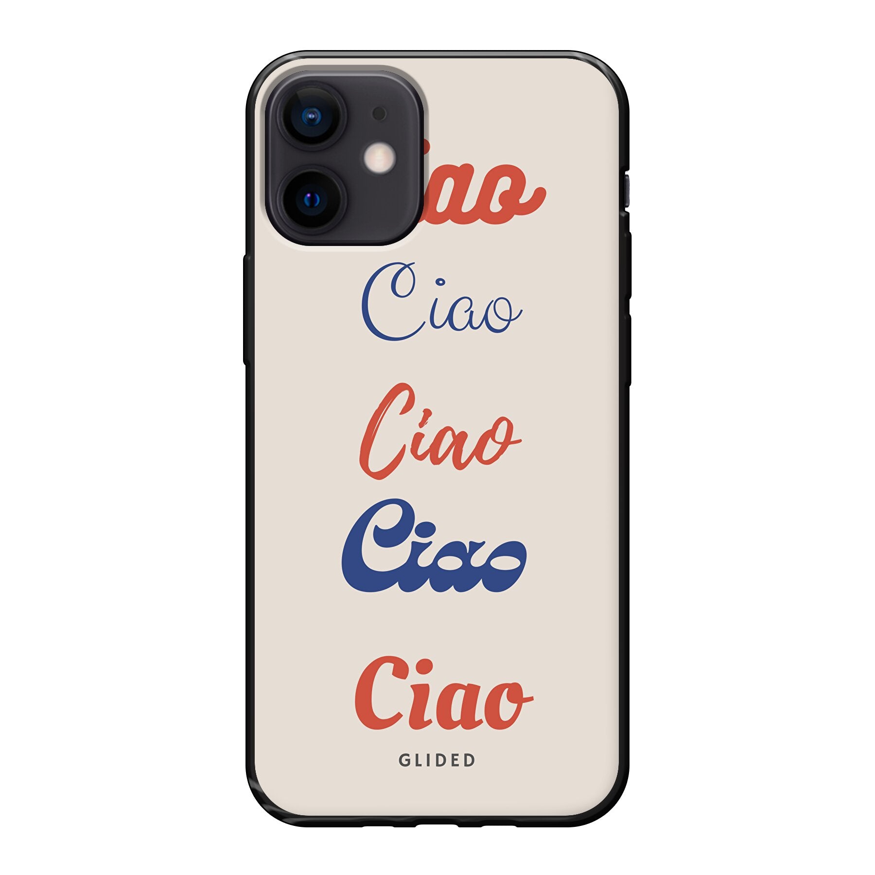 Ciao iPhone 12 mini Handyhülle mit buntem Design und dem Wort Ciao in verschiedenen Schriftarten.