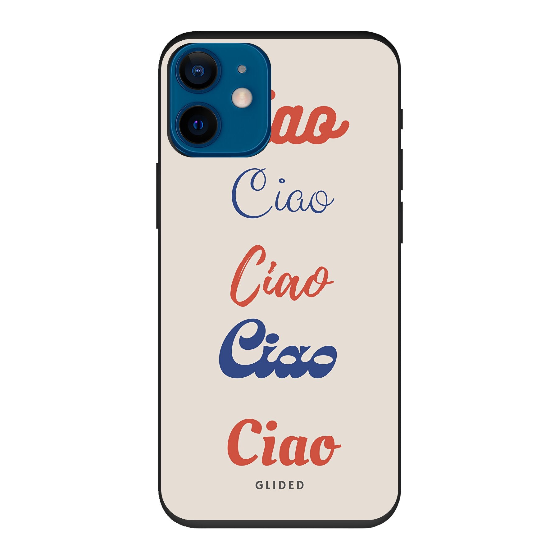 Ciao iPhone 12 mini Handyhülle mit buntem Design und dem Wort Ciao in verschiedenen Schriftarten.