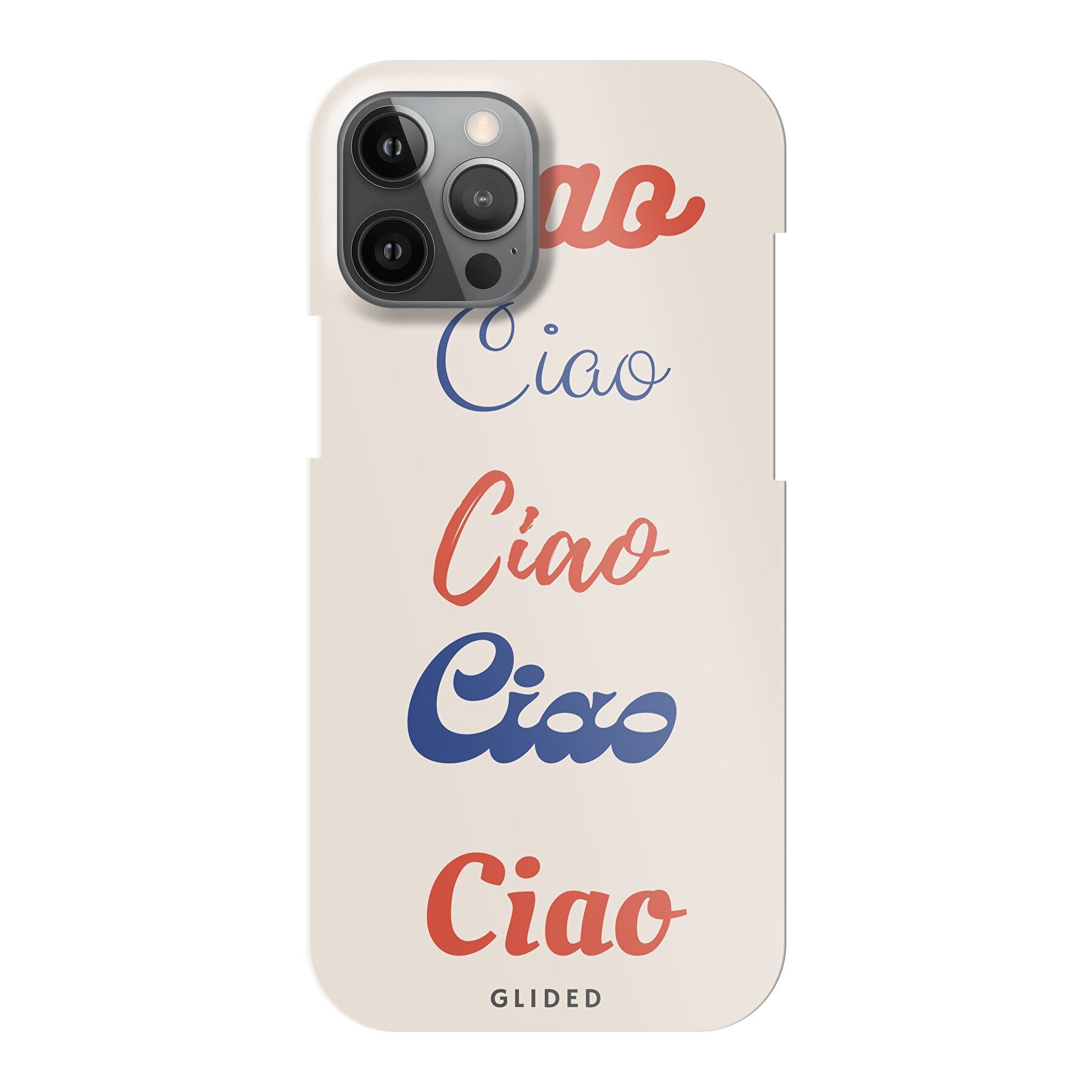 Ciao iPhone 12 Pro Max Handyhülle mit buntem Design und dem Wort 'Ciao' in verschiedenen Schriftarten.