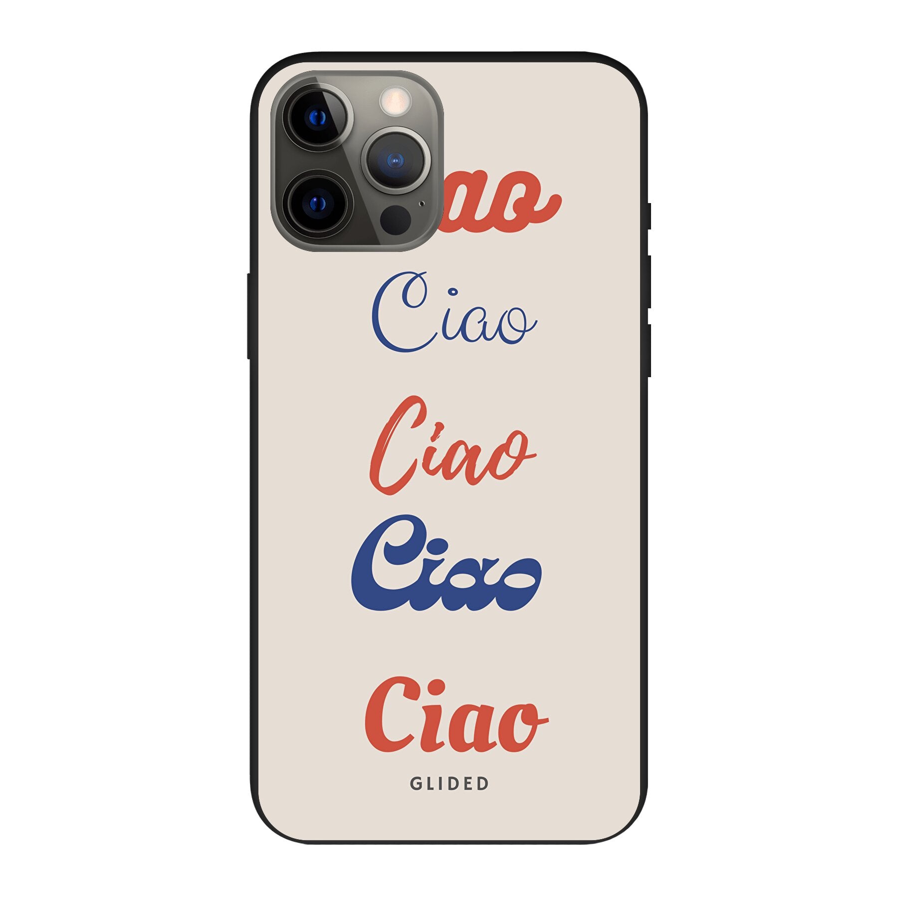 Ciao iPhone 12 Pro Max Handyhülle mit buntem Design und dem Wort 'Ciao' in verschiedenen Schriftarten.