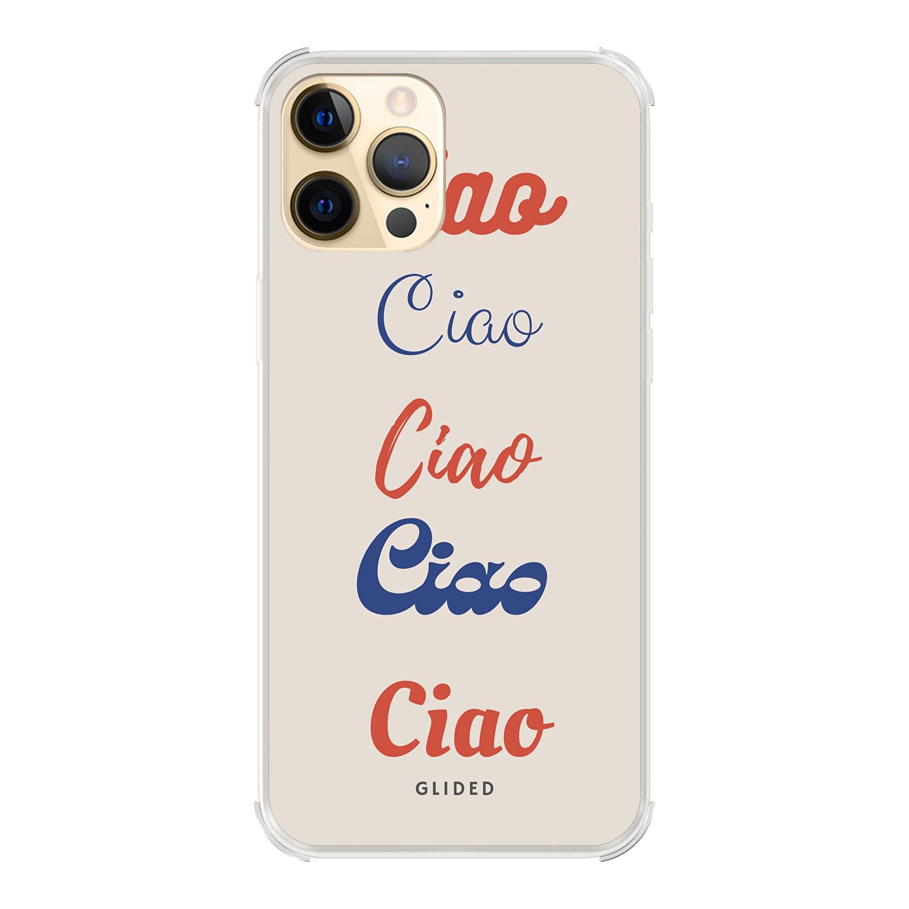 Ciao iPhone 12 Pro Max Handyhülle mit buntem Design und dem Wort 'Ciao' in verschiedenen Schriftarten.