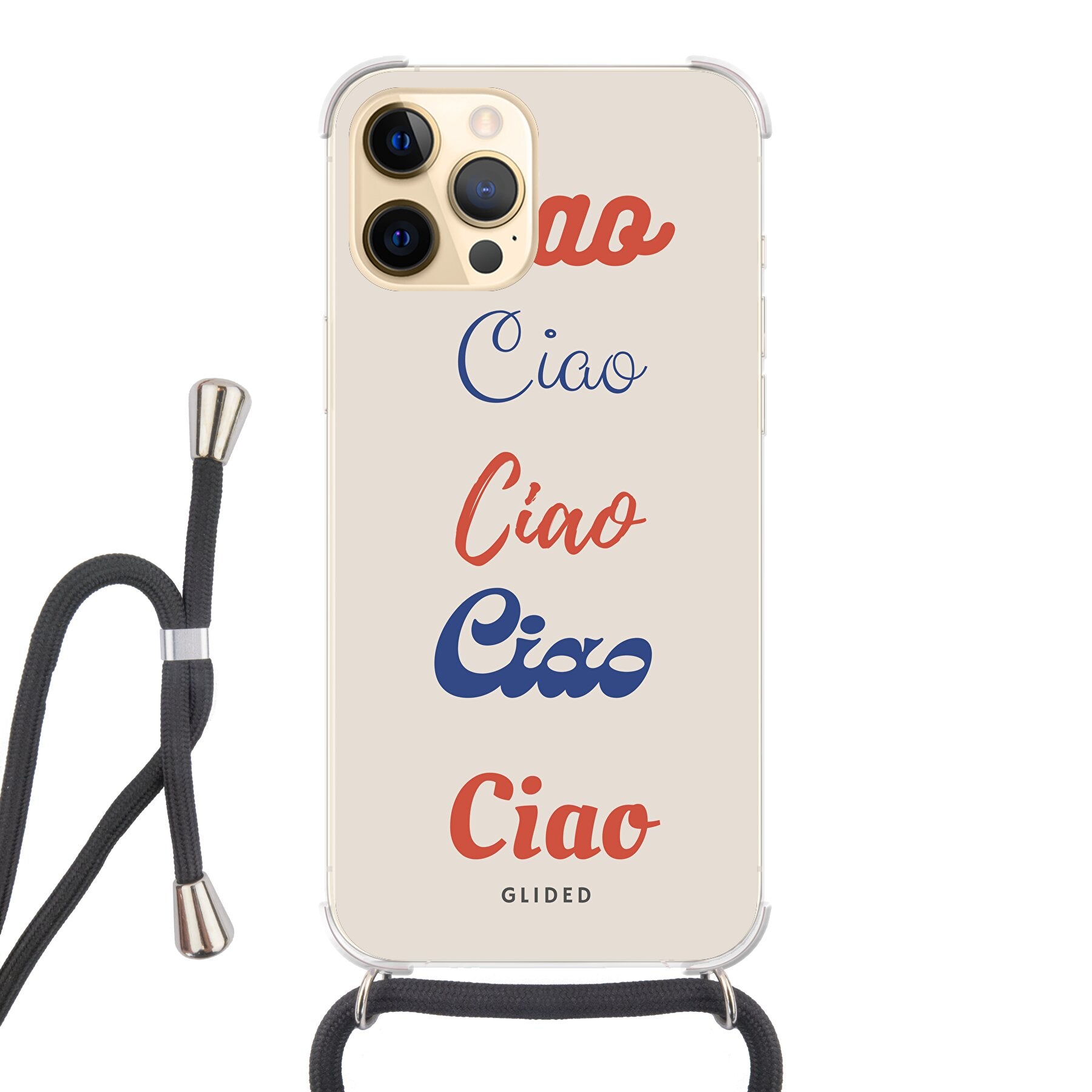 Ciao iPhone 12 Pro Max Handyhülle mit buntem Design und dem Wort 'Ciao' in verschiedenen Schriftarten.