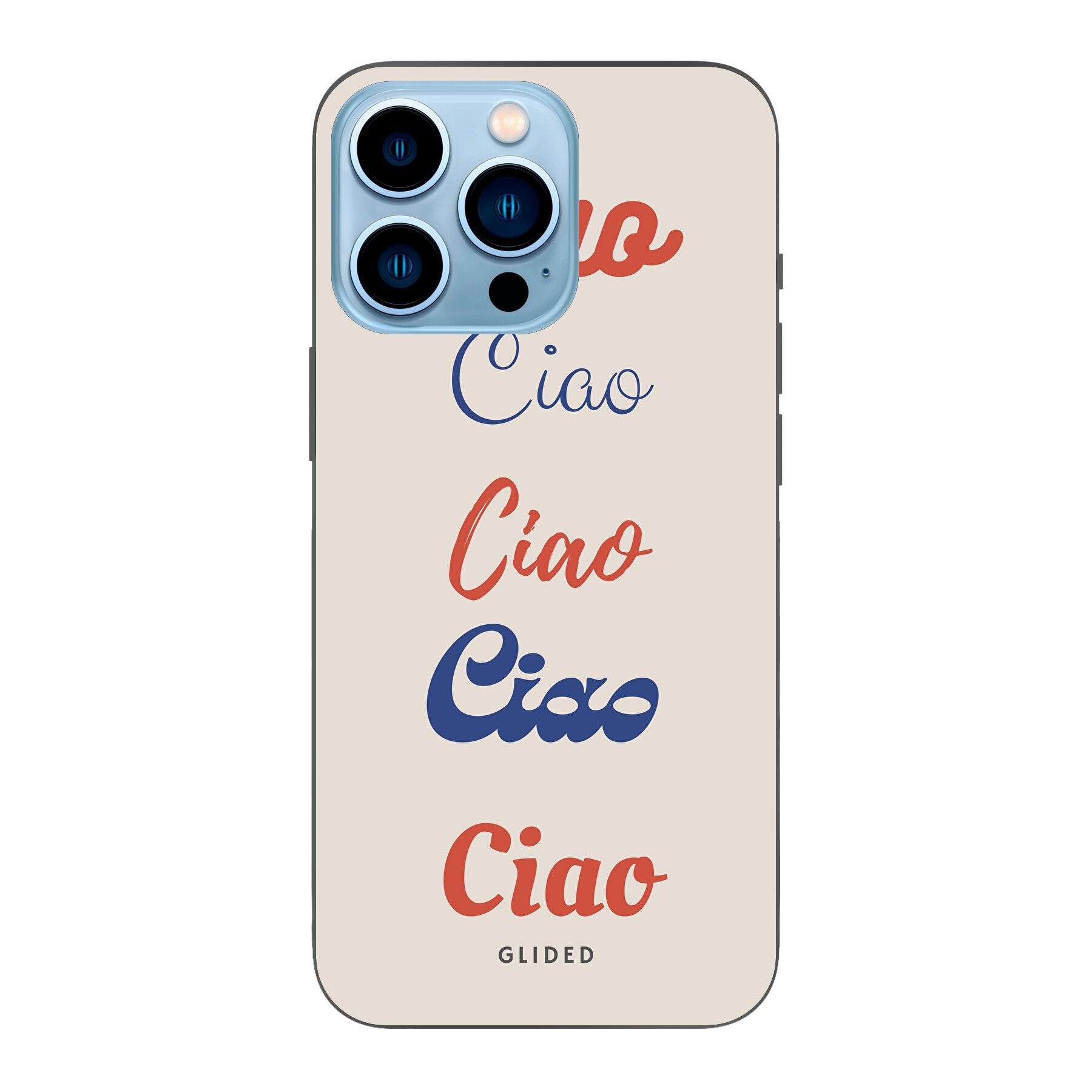 Ciao iPhone 13 Pro Max Handyhülle mit buntem Design und dem Schriftzug Ciao in verschiedenen Schriftarten.