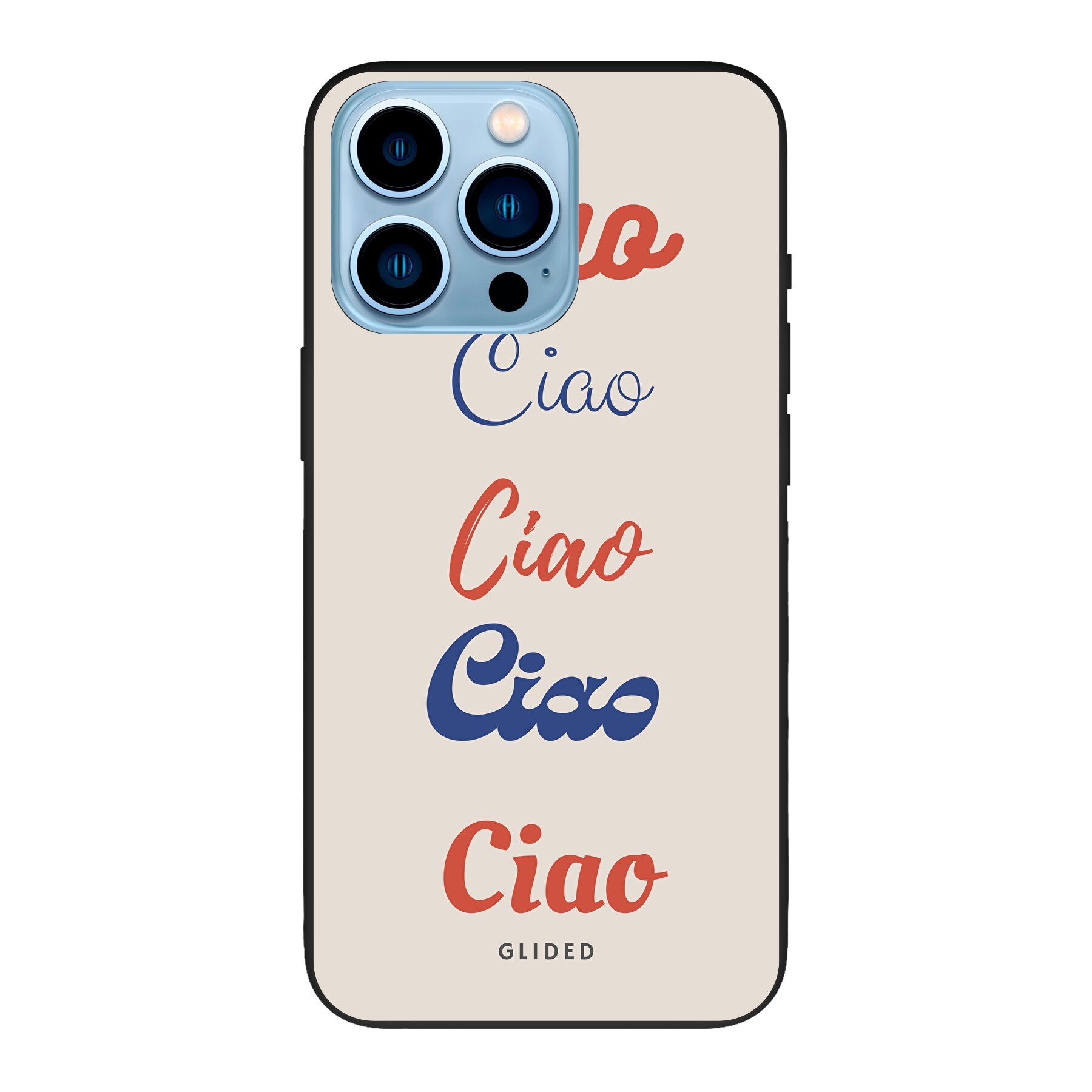 Ciao iPhone 13 Pro Max Handyhülle mit buntem Design und dem Schriftzug Ciao in verschiedenen Schriftarten.