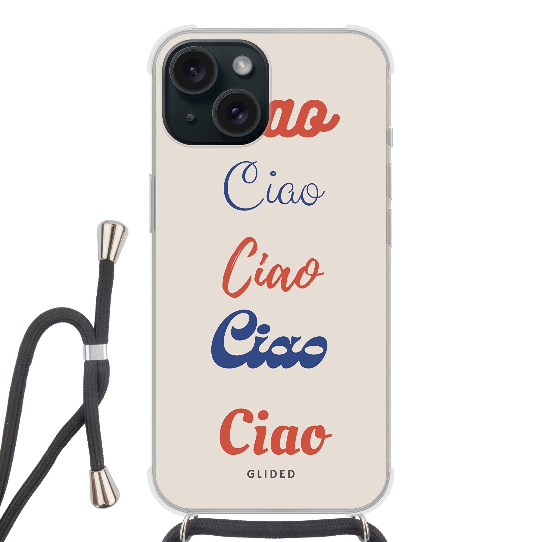 Ciao iPhone 15 Handyhülle mit buntem Design und wiederholtem Schriftzug 'Ciao', ideal für den Schutz und die Stil-Aussage.