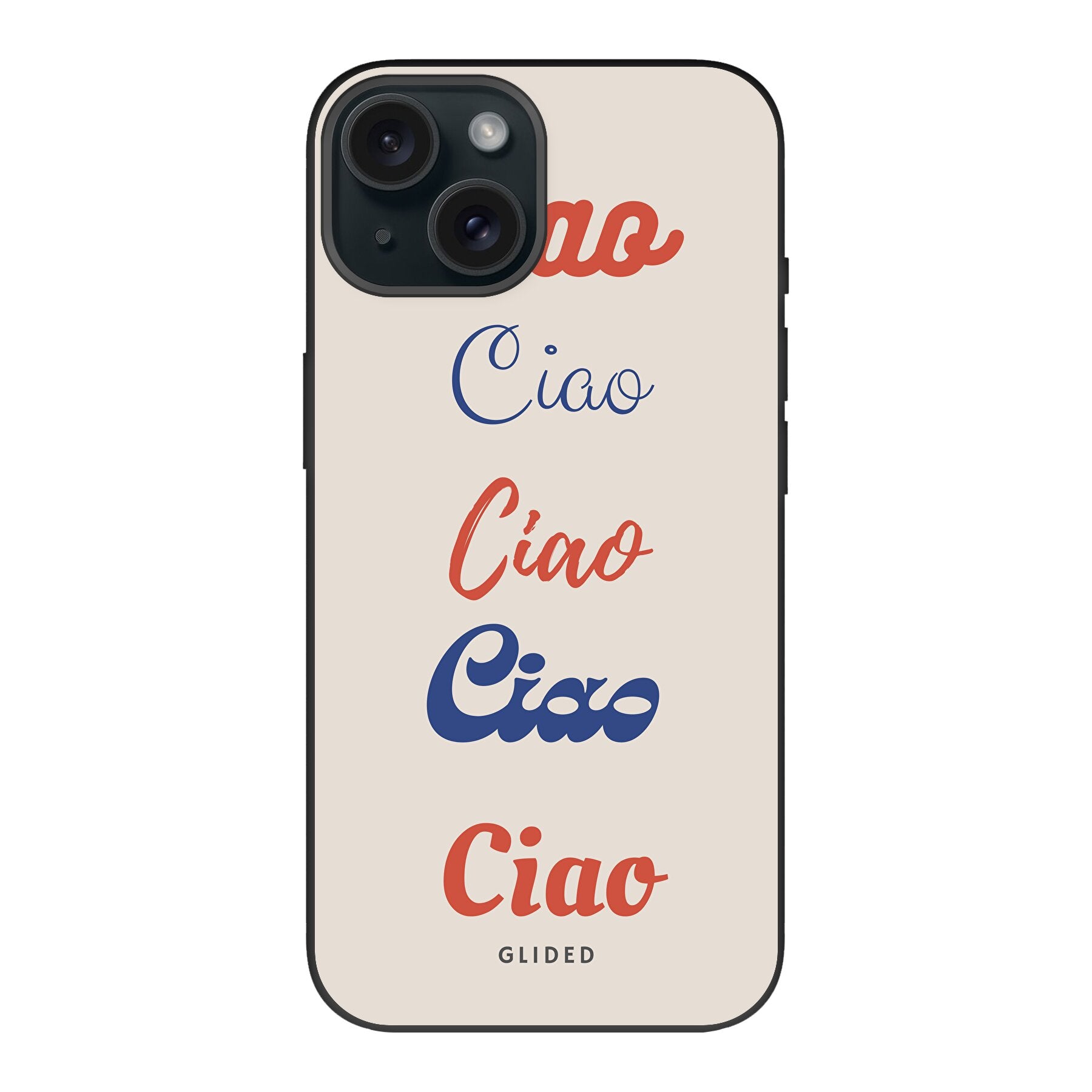 Ciao iPhone 15 Handyhülle mit buntem Design und wiederholtem Schriftzug 'Ciao', ideal für den Schutz und die Stil-Aussage.