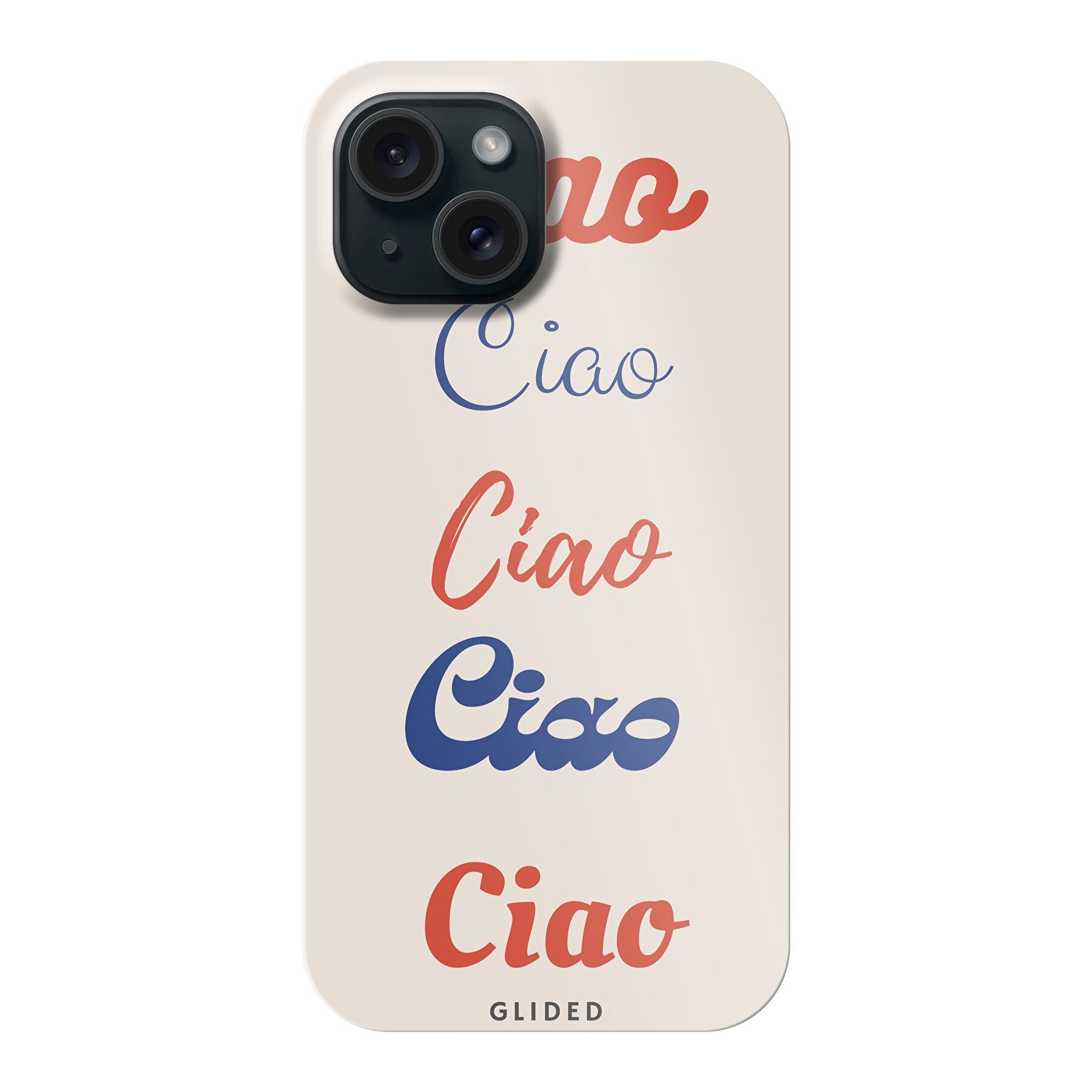 Ciao iPhone 15 Handyhülle mit buntem Design und wiederholtem Schriftzug 'Ciao', ideal für den Schutz und die Stil-Aussage.