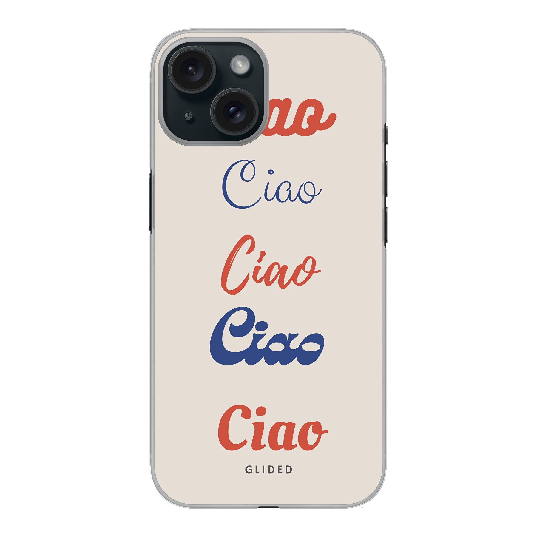 Ciao iPhone 15 Handyhülle mit buntem Design und wiederholtem Schriftzug 'Ciao', ideal für den Schutz und die Stil-Aussage.