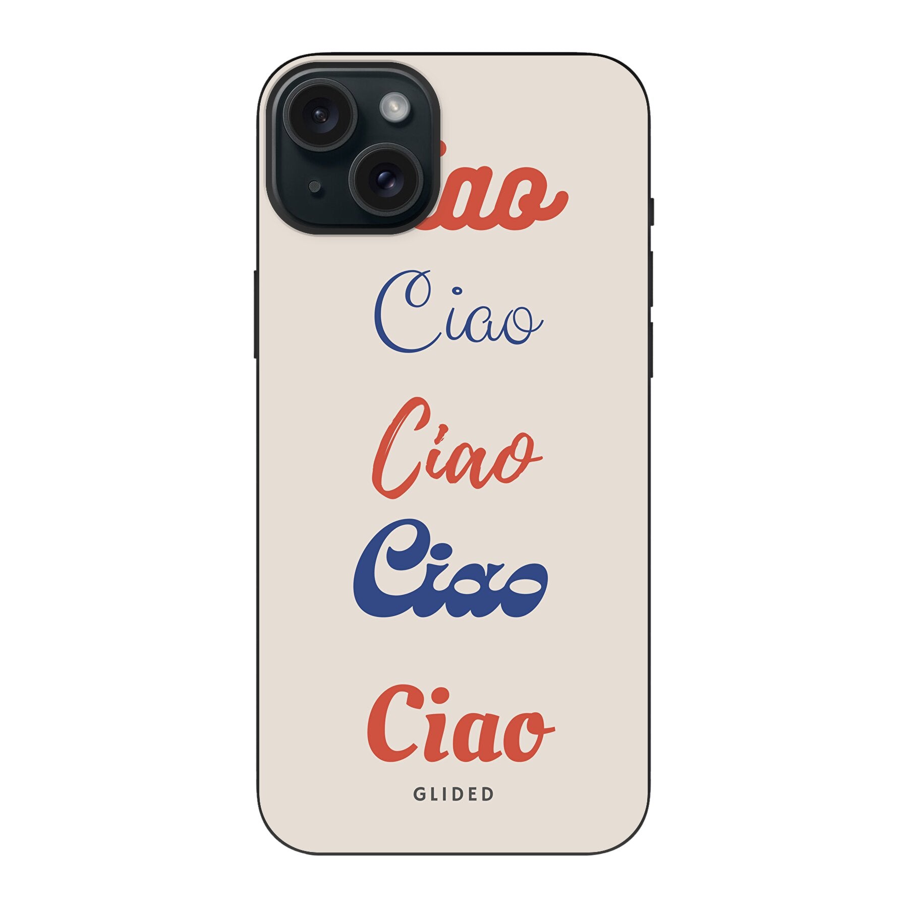 Ciao iPhone 15 Plus Handyhülle mit buntem Design und dem Wort 'Ciao' in verschiedenen Schriftarten.