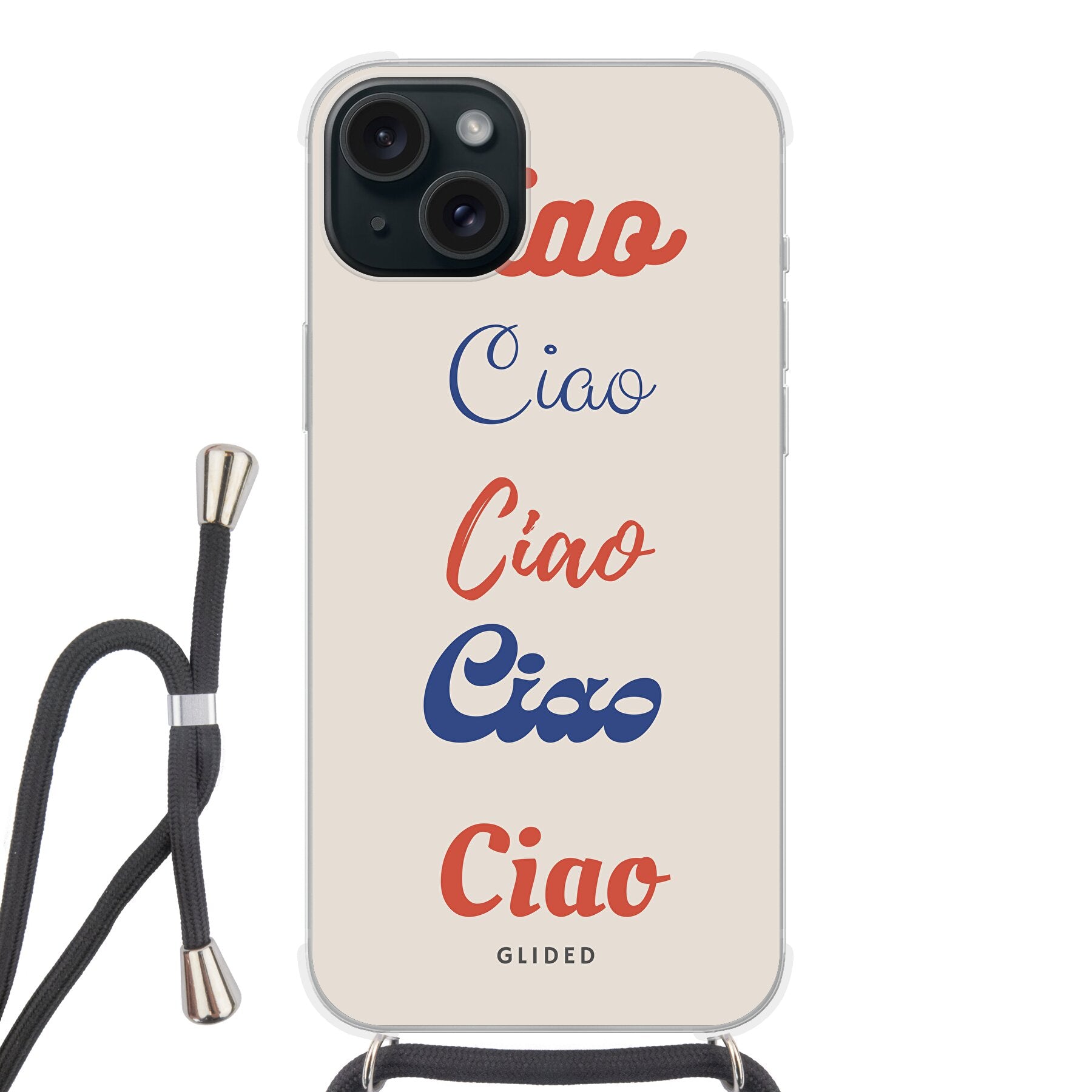 Ciao iPhone 15 Plus Handyhülle mit buntem Design und dem Wort 'Ciao' in verschiedenen Schriftarten.