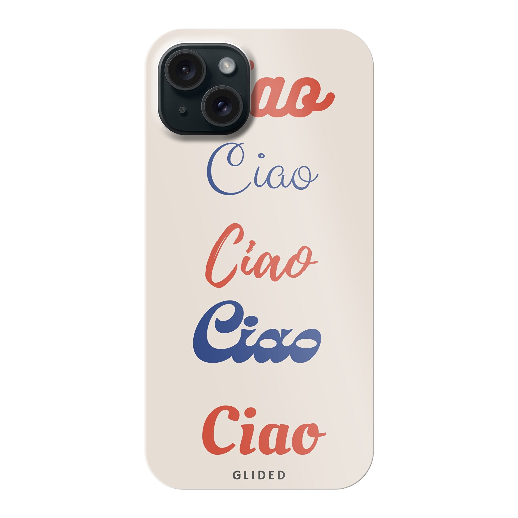 Ciao iPhone 15 Plus Handyhülle mit buntem Design und dem Wort 'Ciao' in verschiedenen Schriftarten.