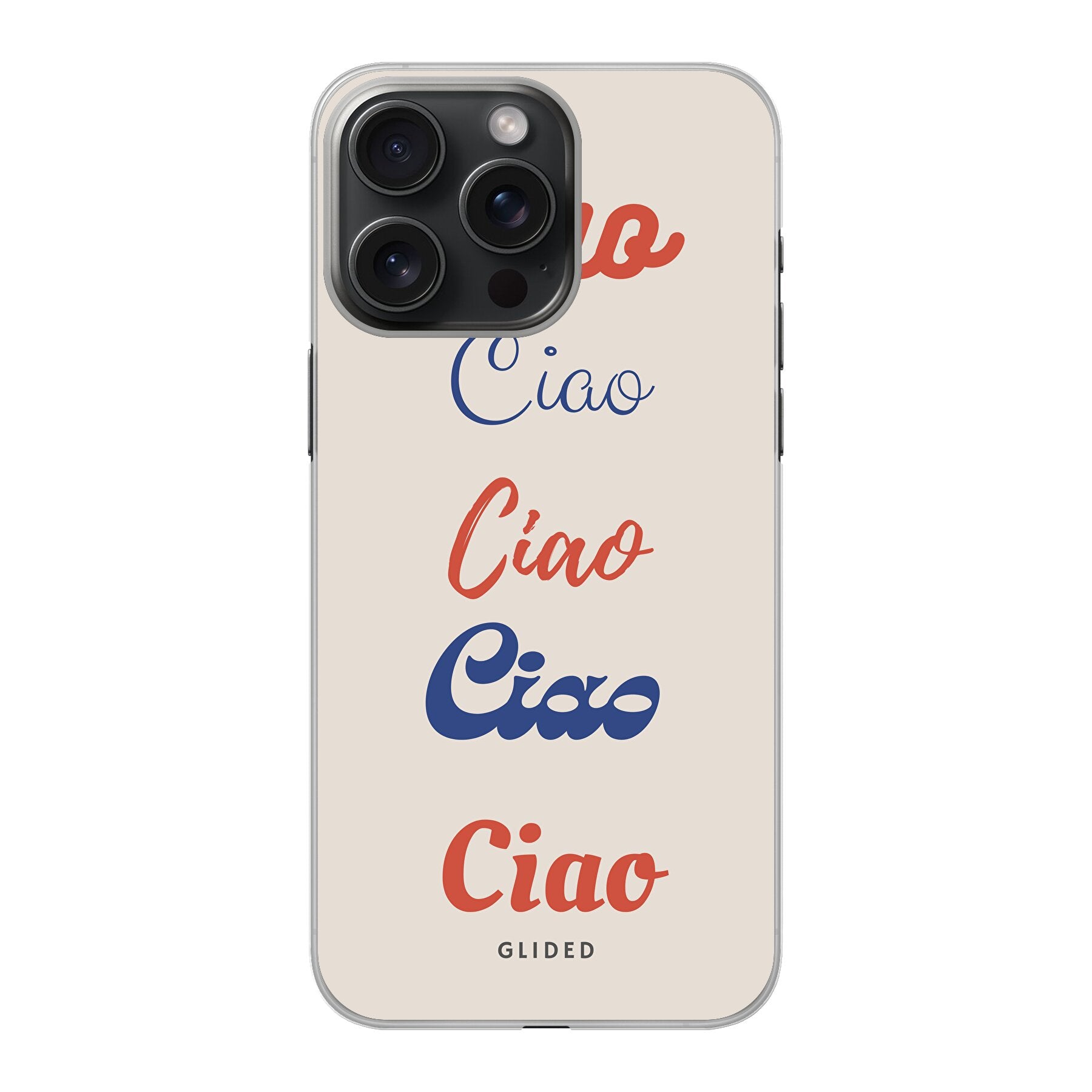 Ciao iPhone 15 Pro Handyhülle mit buntem Design und dem Schriftzug 'Ciao' in verschiedenen Schriftarten.