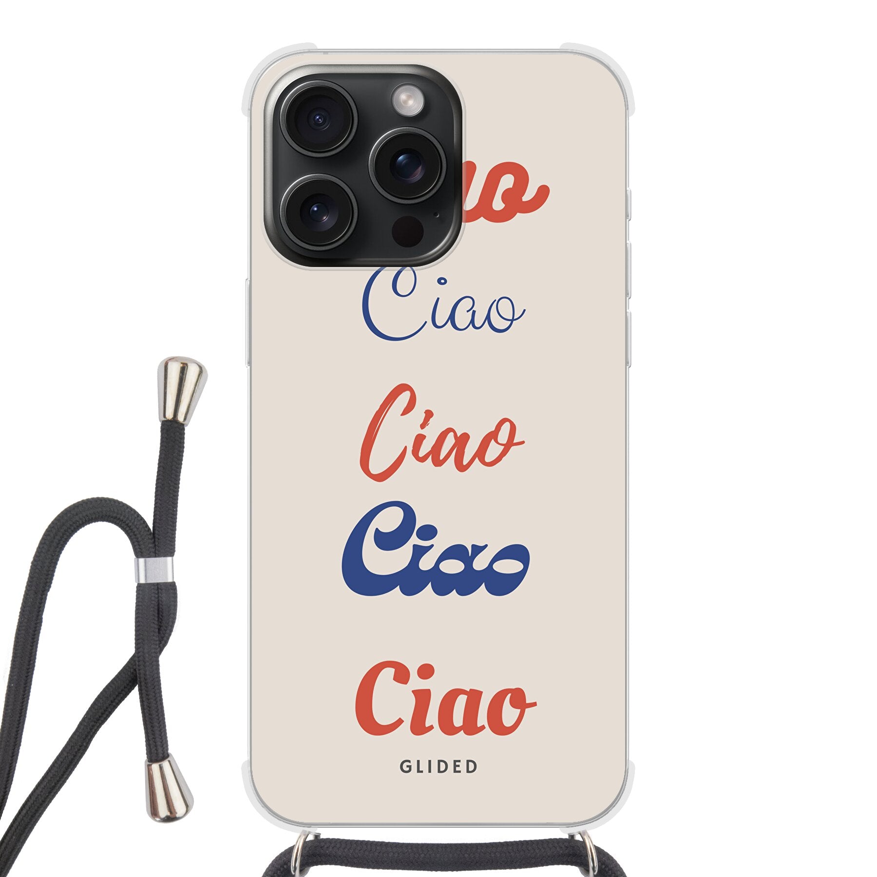 Ciao iPhone 15 Pro Handyhülle mit buntem Design und dem Schriftzug 'Ciao' in verschiedenen Schriftarten.