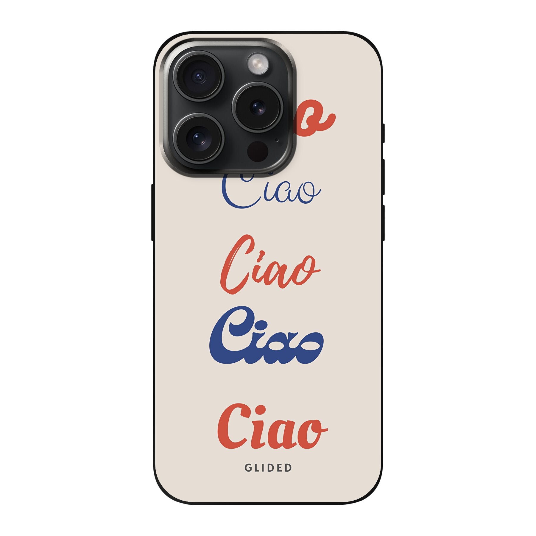 Ciao iPhone 15 Pro Handyhülle mit buntem Design und dem Schriftzug 'Ciao' in verschiedenen Schriftarten.