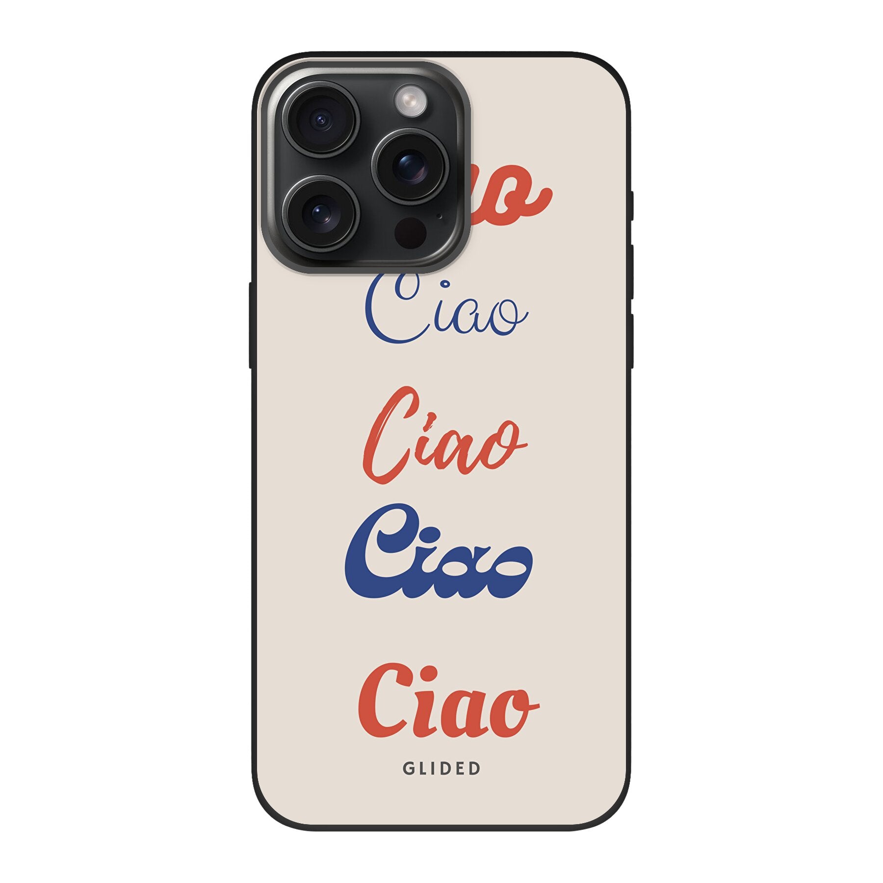 Ciao iPhone 15 Pro Handyhülle mit buntem Design und dem Schriftzug 'Ciao' in verschiedenen Schriftarten.