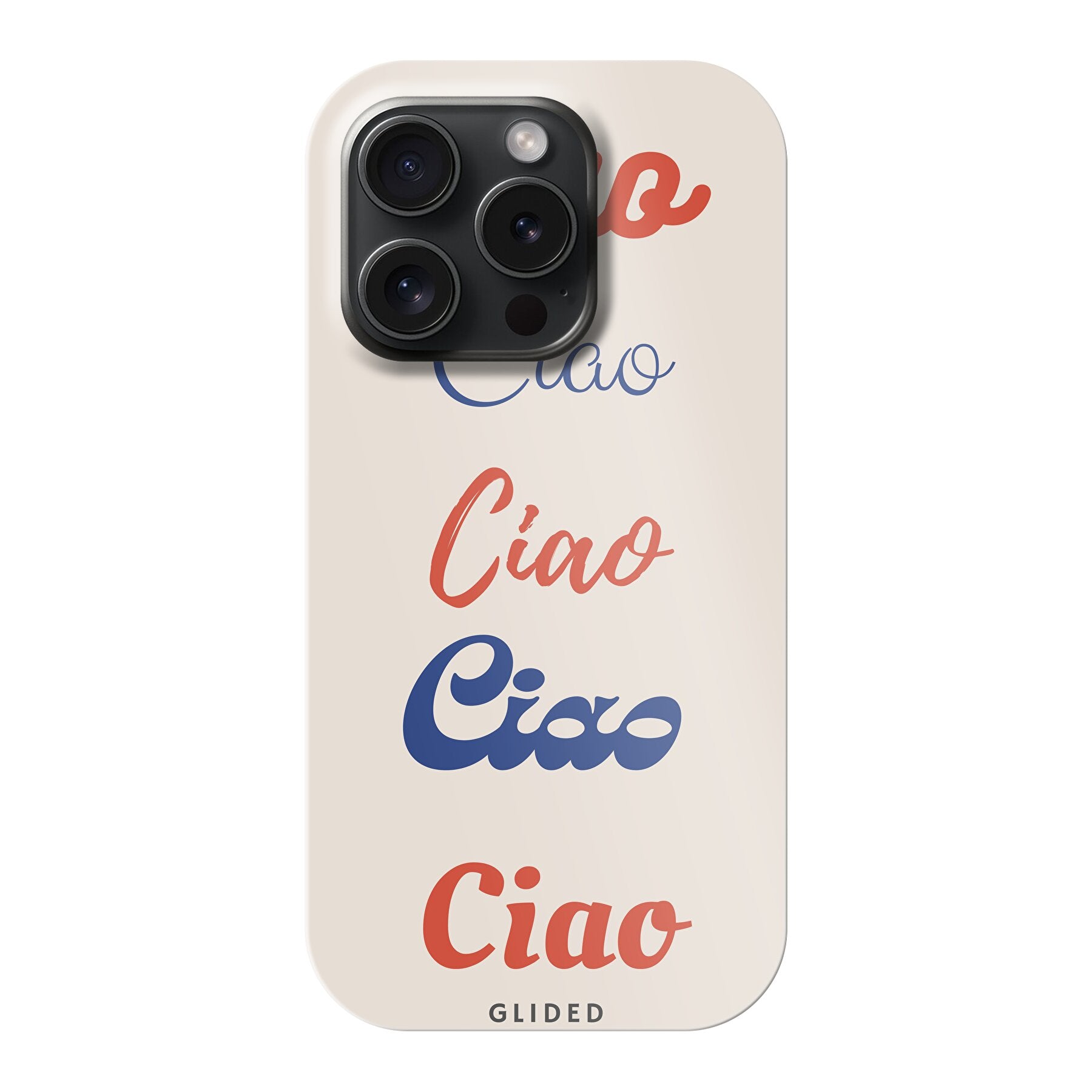 Ciao iPhone 15 Pro Handyhülle mit buntem Design und dem Schriftzug 'Ciao' in verschiedenen Schriftarten.