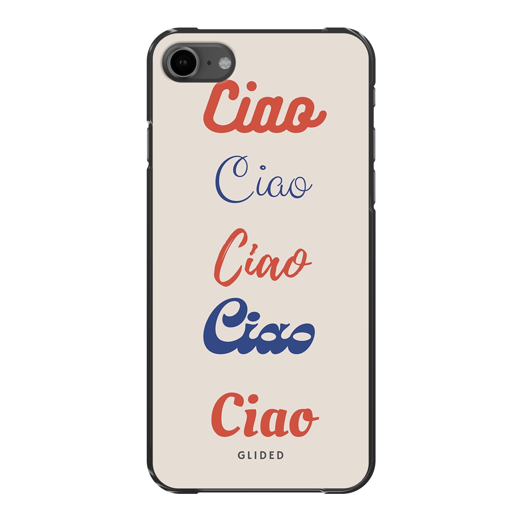 Ciao iPhone 7 Handyhülle mit buntem Design und dem Wort Ciao in verschiedenen Schriftarten.