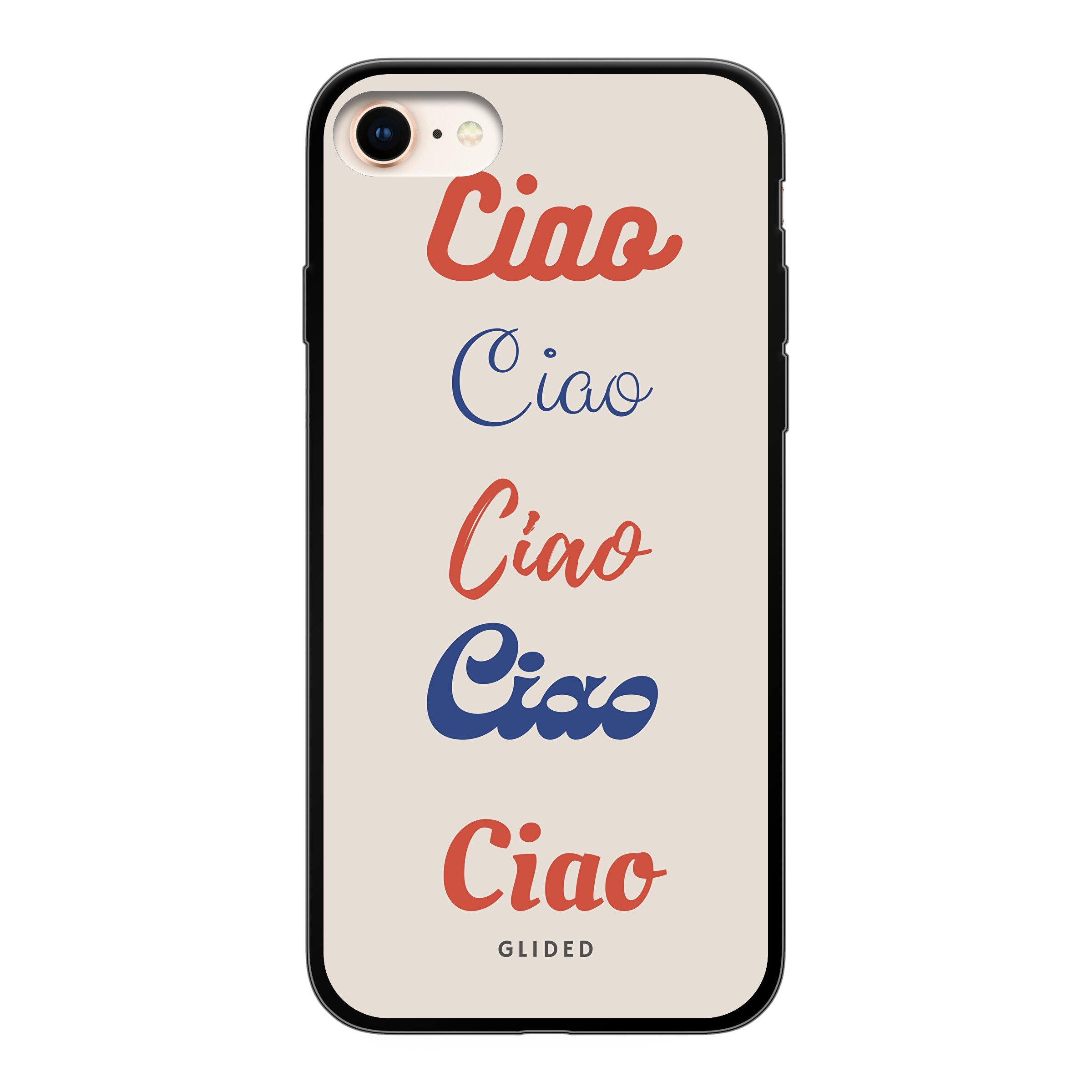 Ciao iPhone 7 Handyhülle mit buntem Design und dem Wort Ciao in verschiedenen Schriftarten.